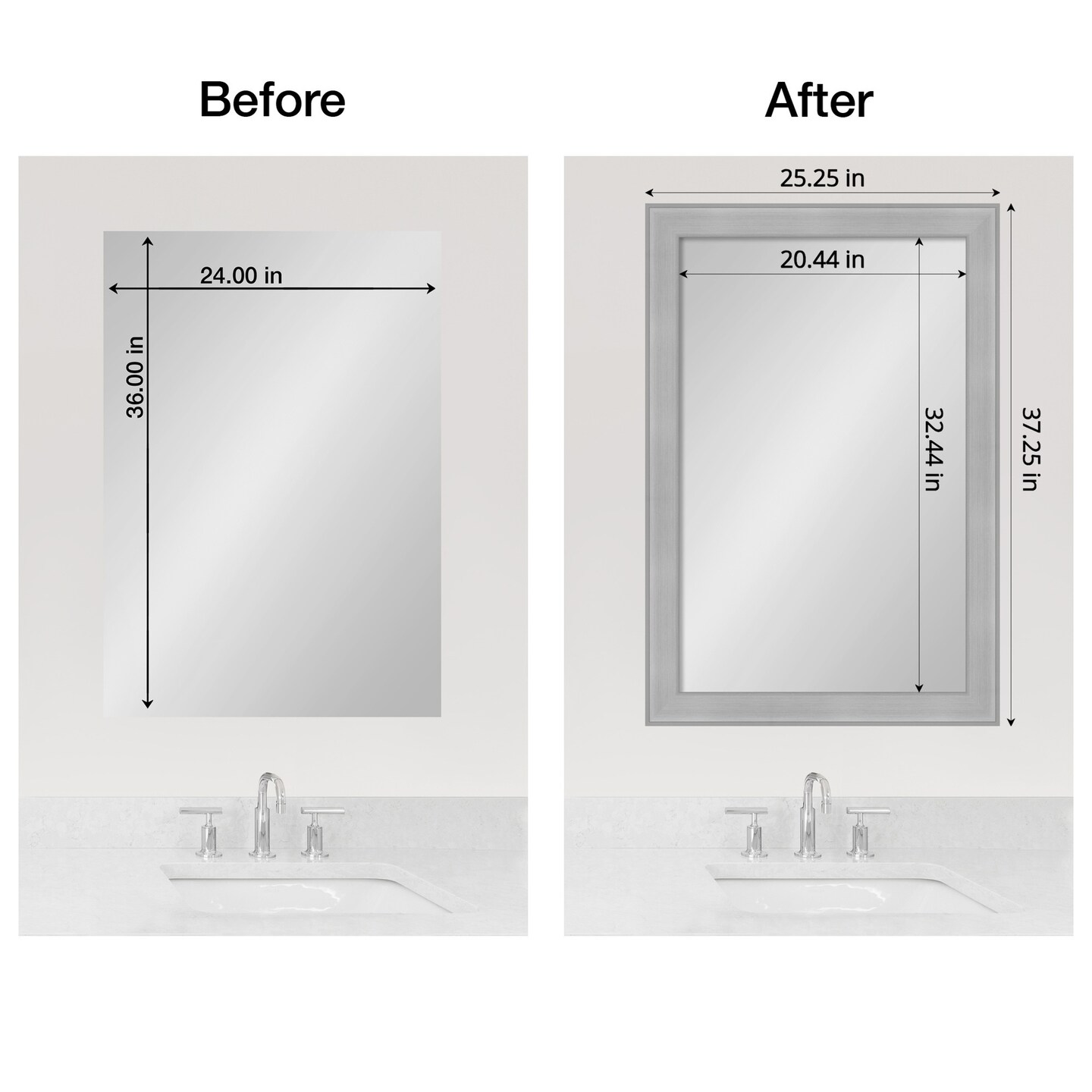 Amanti Art Mirror Makeover Bathroom Mirror Frame Border Kit - Fully Assembled Peel and Stick Frame - Mirror NOT Included - Vista Brushed Nickel Trim
