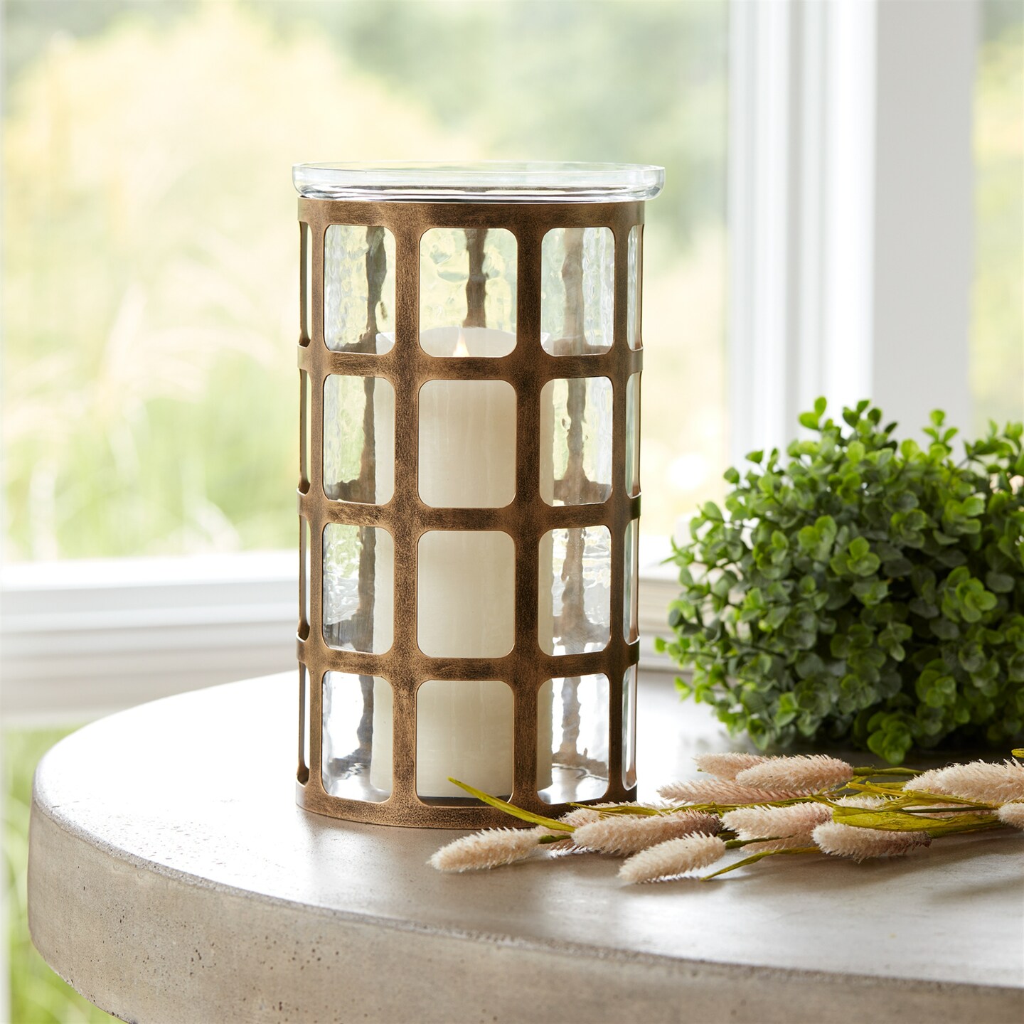 Melrose Metal Framed Wavy Glass Candle Holder - 12.5&#x22; - Gold