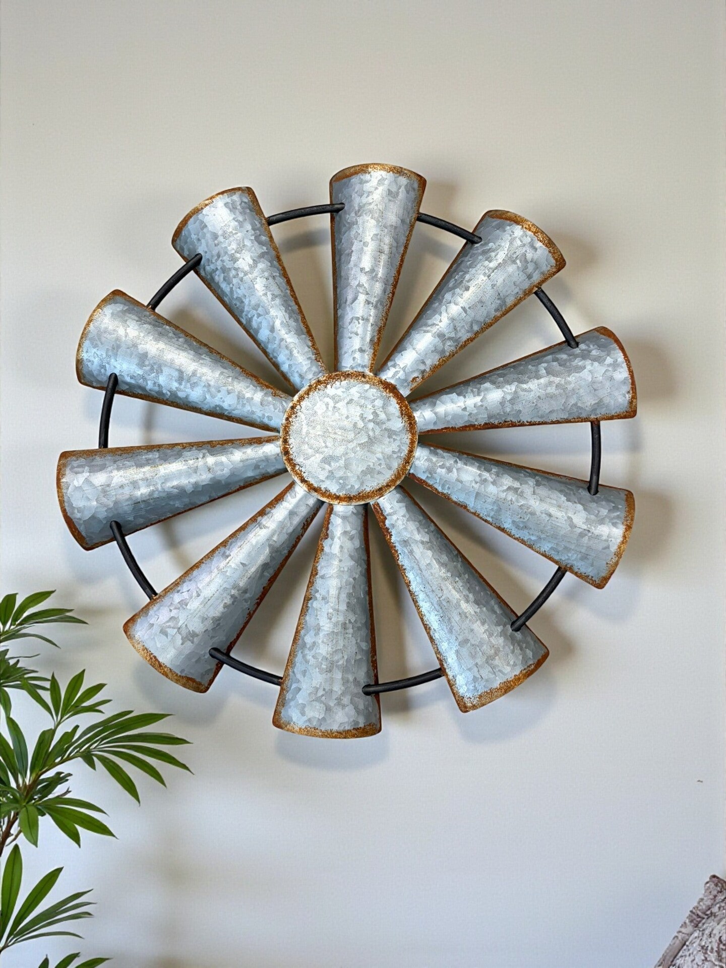 Galvanized Windmill Wall Decor | Rustic Farmhouse Metal Wall Art