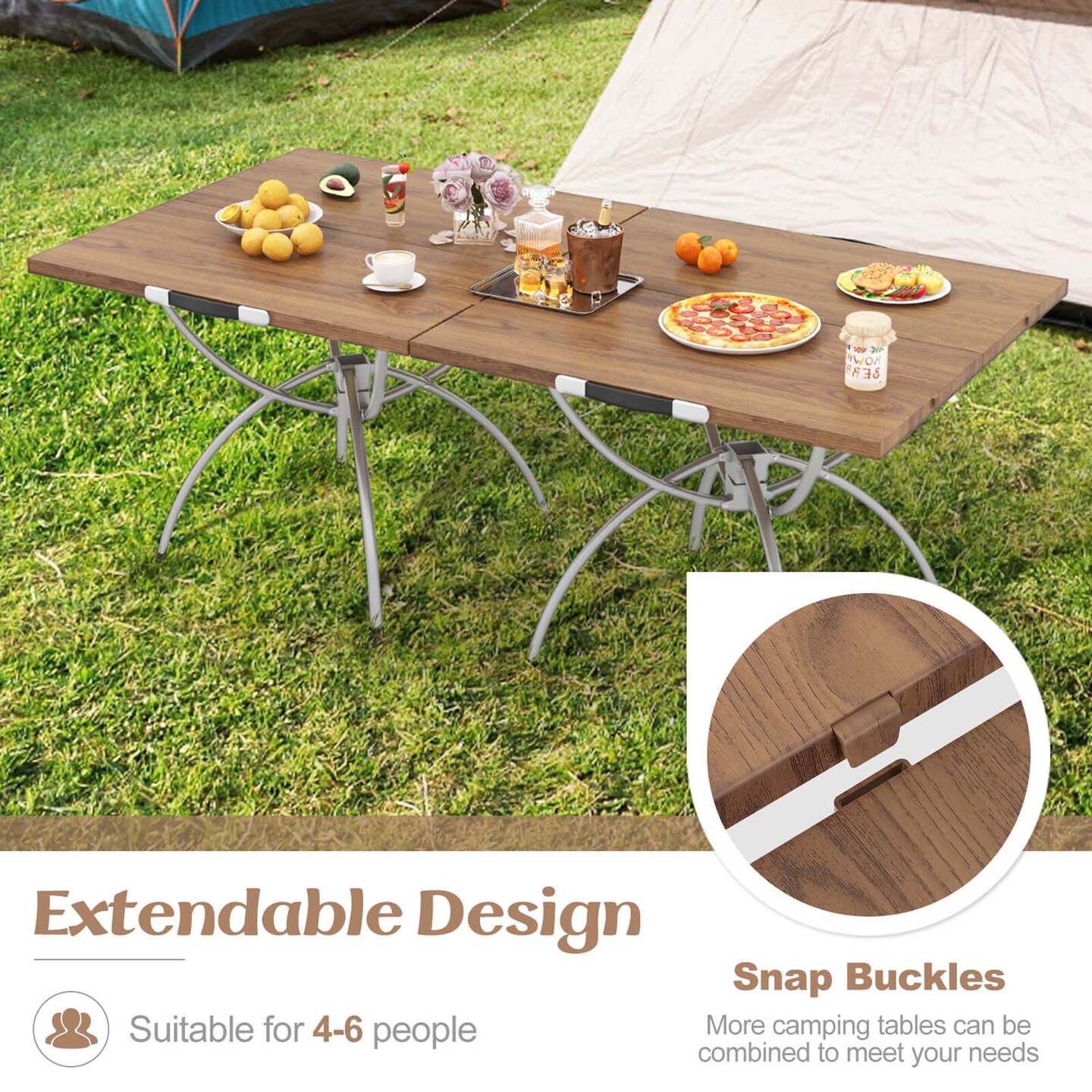 Costway 2 Pack Folding Camping Table with Wood-grain Tabletop Aluminum Frame Carrying Bag