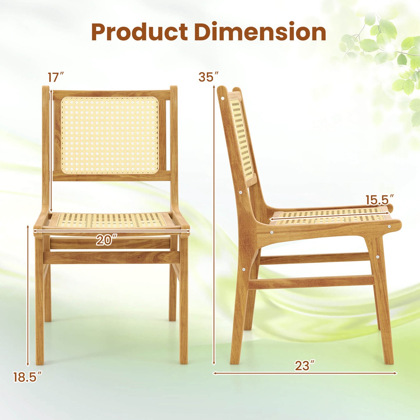 Costway 1/2 PCS Rattan Dining Chair with Natural Cane Woven Backrest & Seat & Teak Wood Frame