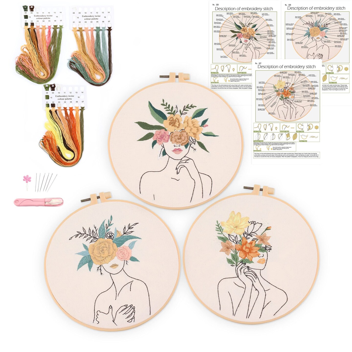 Harimau 3 in Beginner Embroidery Kit,Floral Plant Pattern,Cross Stitch Kits, Including Stamped Embroidery Cloth with 3 Embroidery Hoops, Color Threads and Embroidery Kits