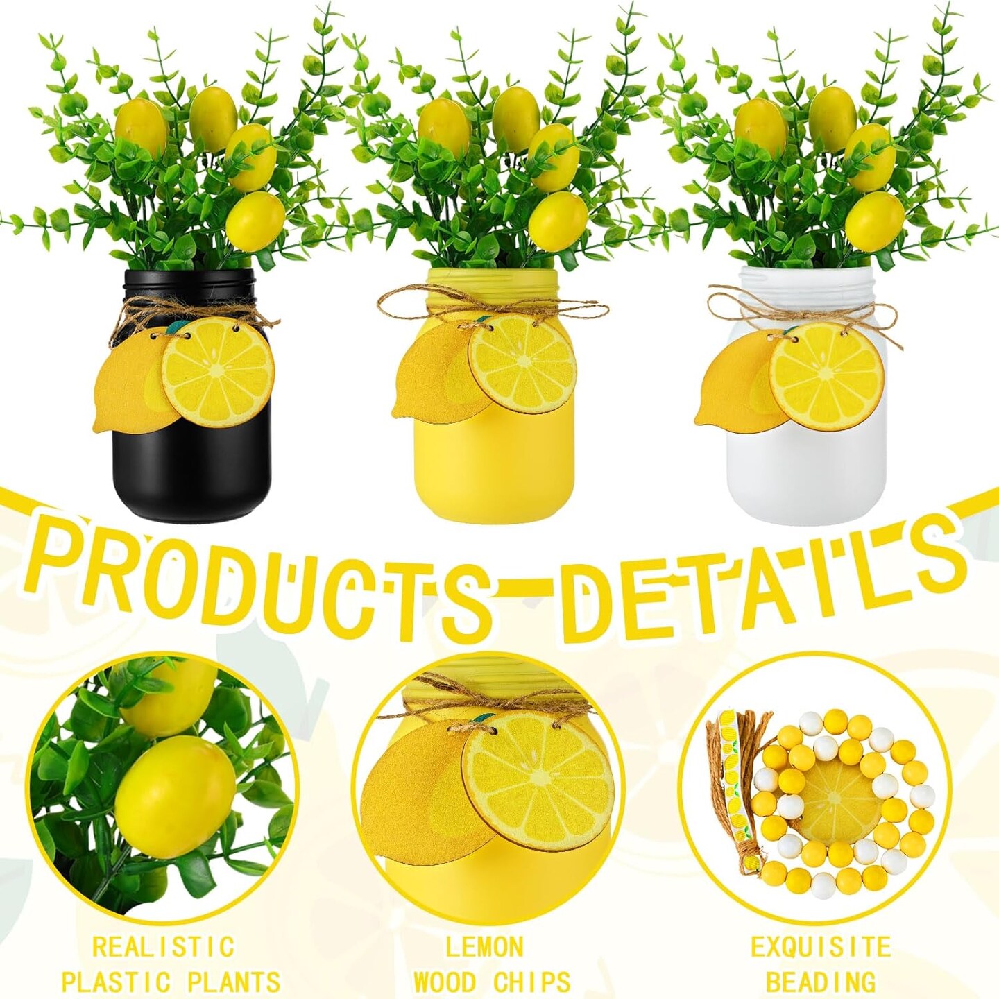 3 Pcs Lemon Kitchen Decor and Accessories Summer Farmhouse Mason Jar Table Centerpieces with Fake Plants Wooden Lemon Sign Garland Wooden Bead Twine for Tiered Tray Decor for Table Home