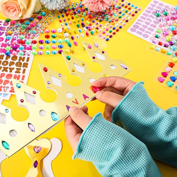 63 pcs Paper Crowns Princess Prince Crown Kids Birthday Party King Hats Gold gem Jewels Number Letter Stickers