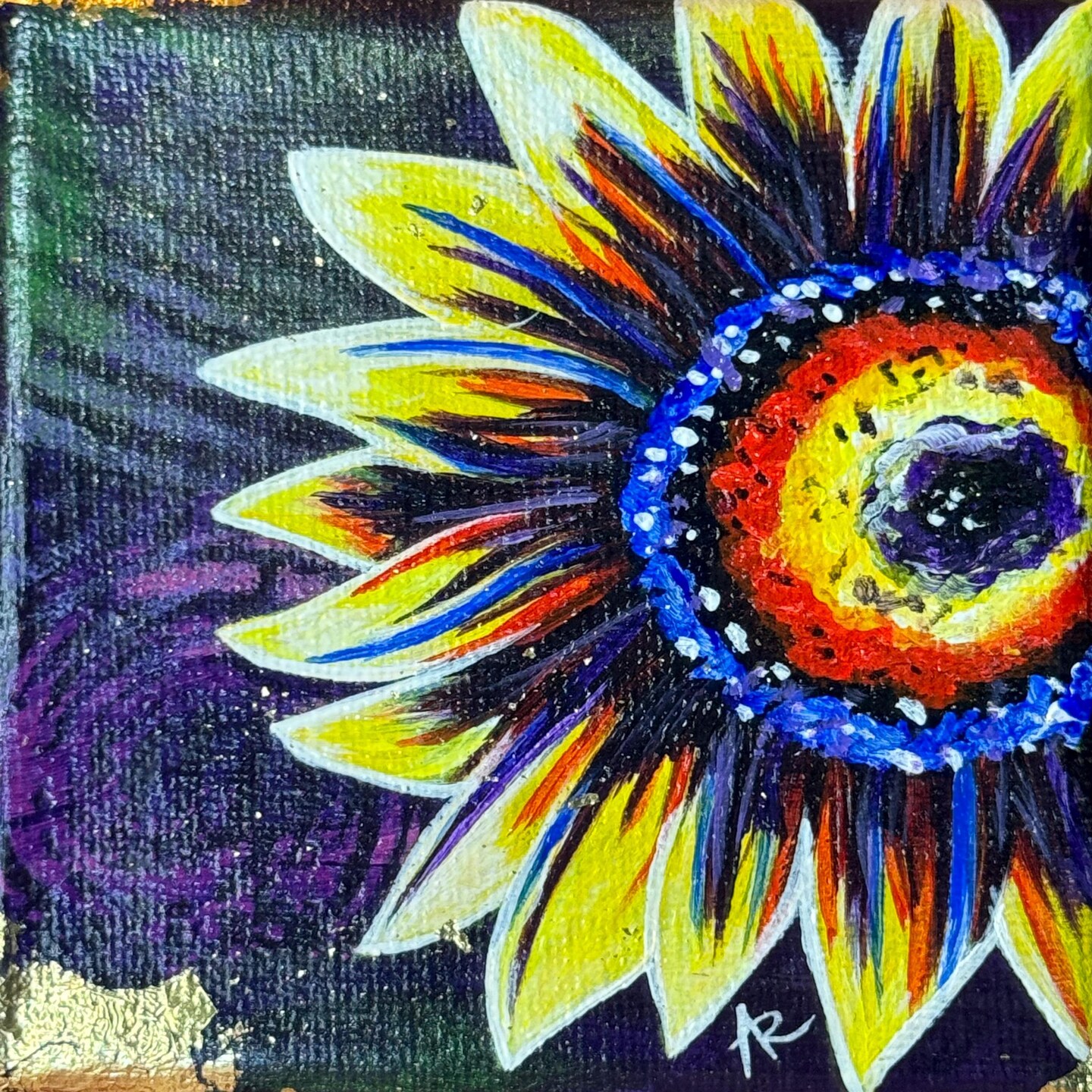 Sunflower on Violet Mini 4x4 Painting~Original Hand Painted Art