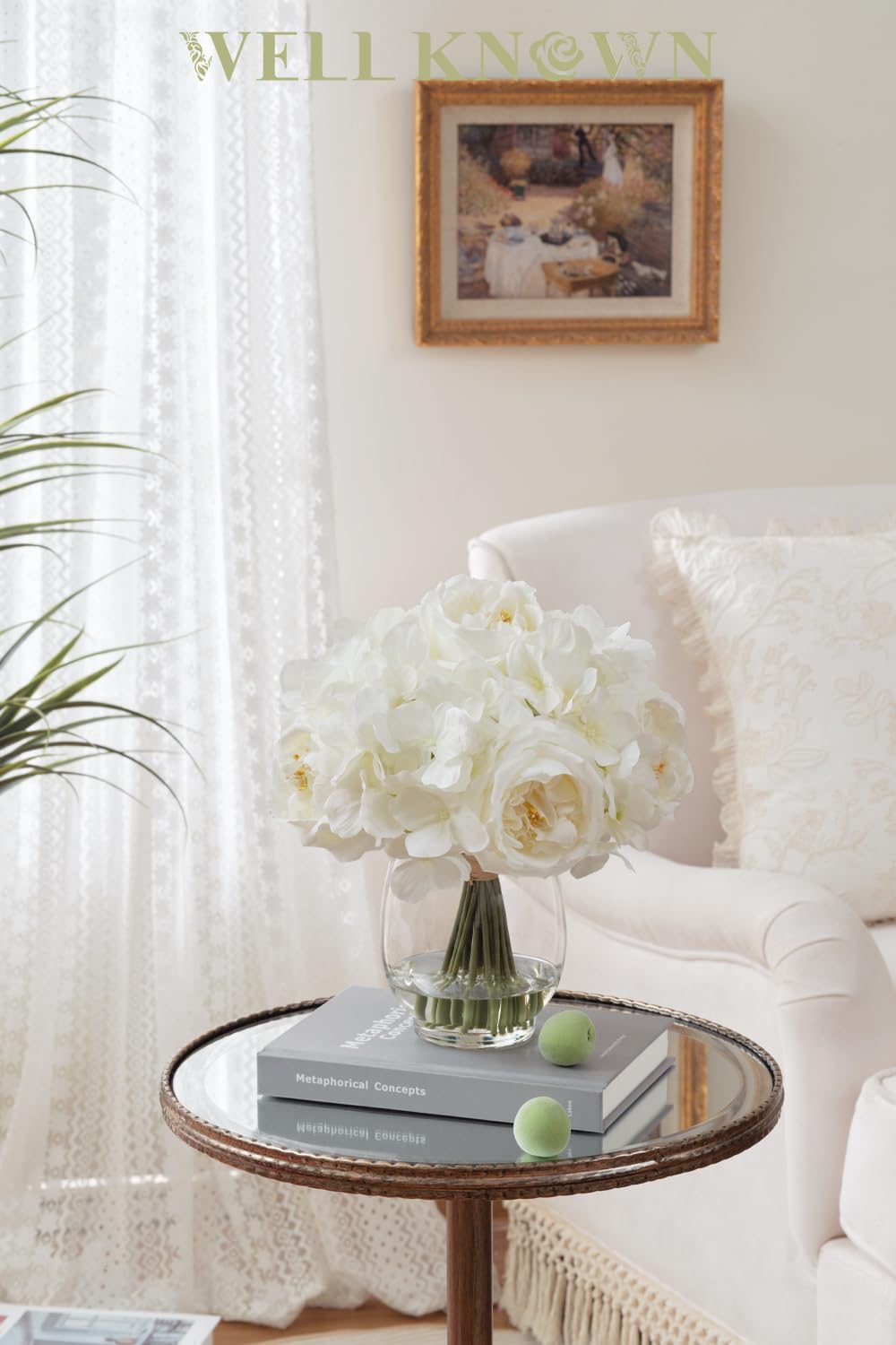 Artificial Ivory White Hydrangea Austin Rose Flower Arrangement in Vase with Fake Water, Real Touch Fake Flowers Faux Hydrangea Centerpieces