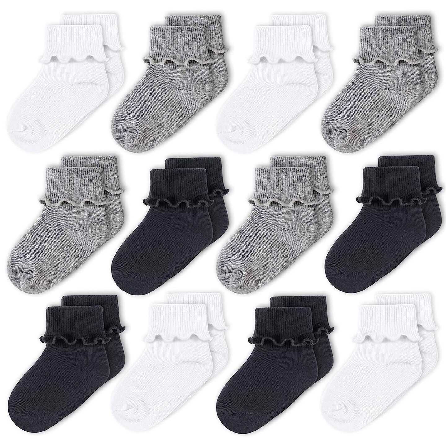 CozyWay Baby Ruffle Socks Baby Girl Turn Cuff Ankle Comfy Cotton Socks Infant - 0-9 Months Multi Color Black - 12 Pack