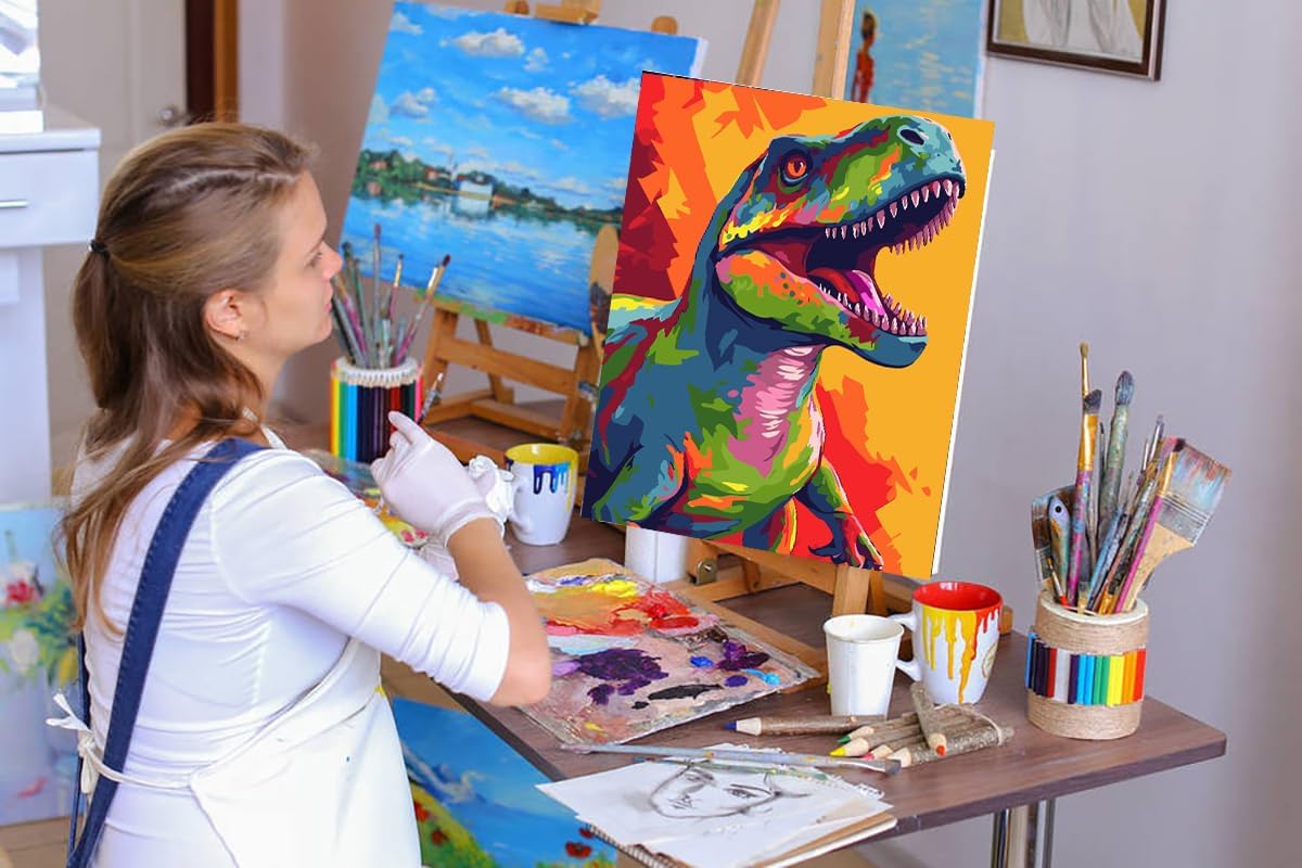 Colorful Dinosaur Paint by Numbers for Adults Beginner, Animal Paint by Number Kits, DIY Oil Painting Paint by Number Kits on Canvas Arts Craft for Home Wall Decor 16x20 Inch