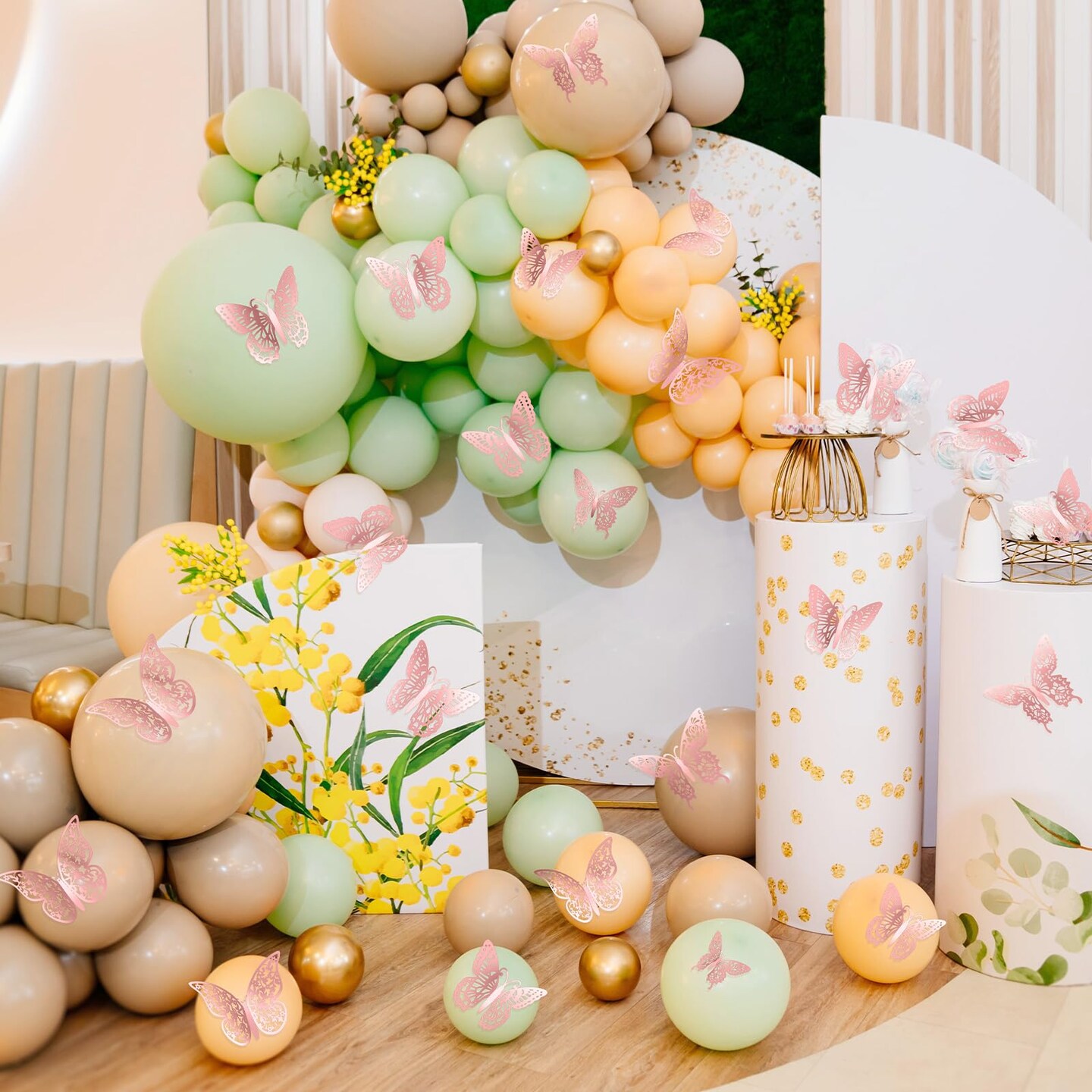 3D Gold Butterfly Wall Decor 3 Sizes 4 Styles Butterfly Party Decorations Cake Decorations Removable Stickers Wall Decor Room Mural Metallic Kids (Pink, 48Pcs)