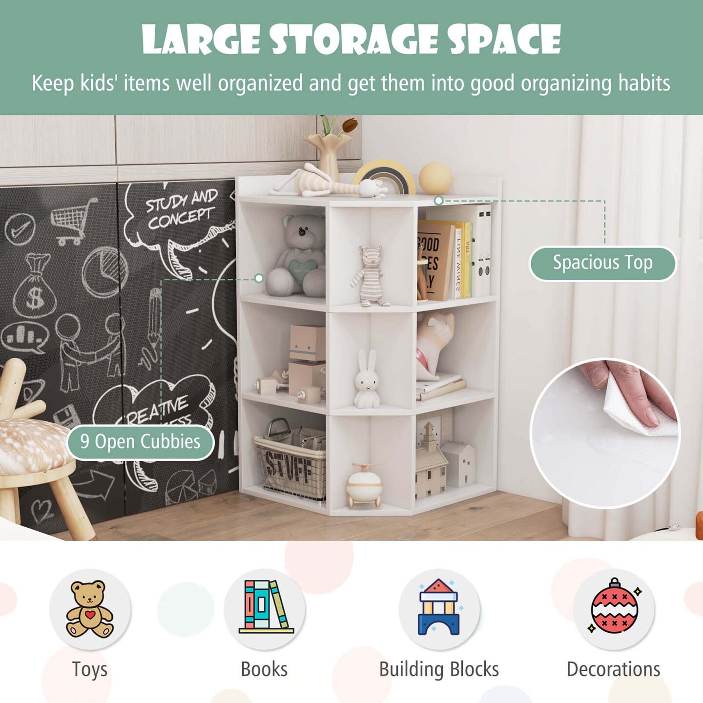Costway 3-Tier Kids Corner Toy Storage Organizer with USB Ports and Outlets 9 Cubbies Grey/White