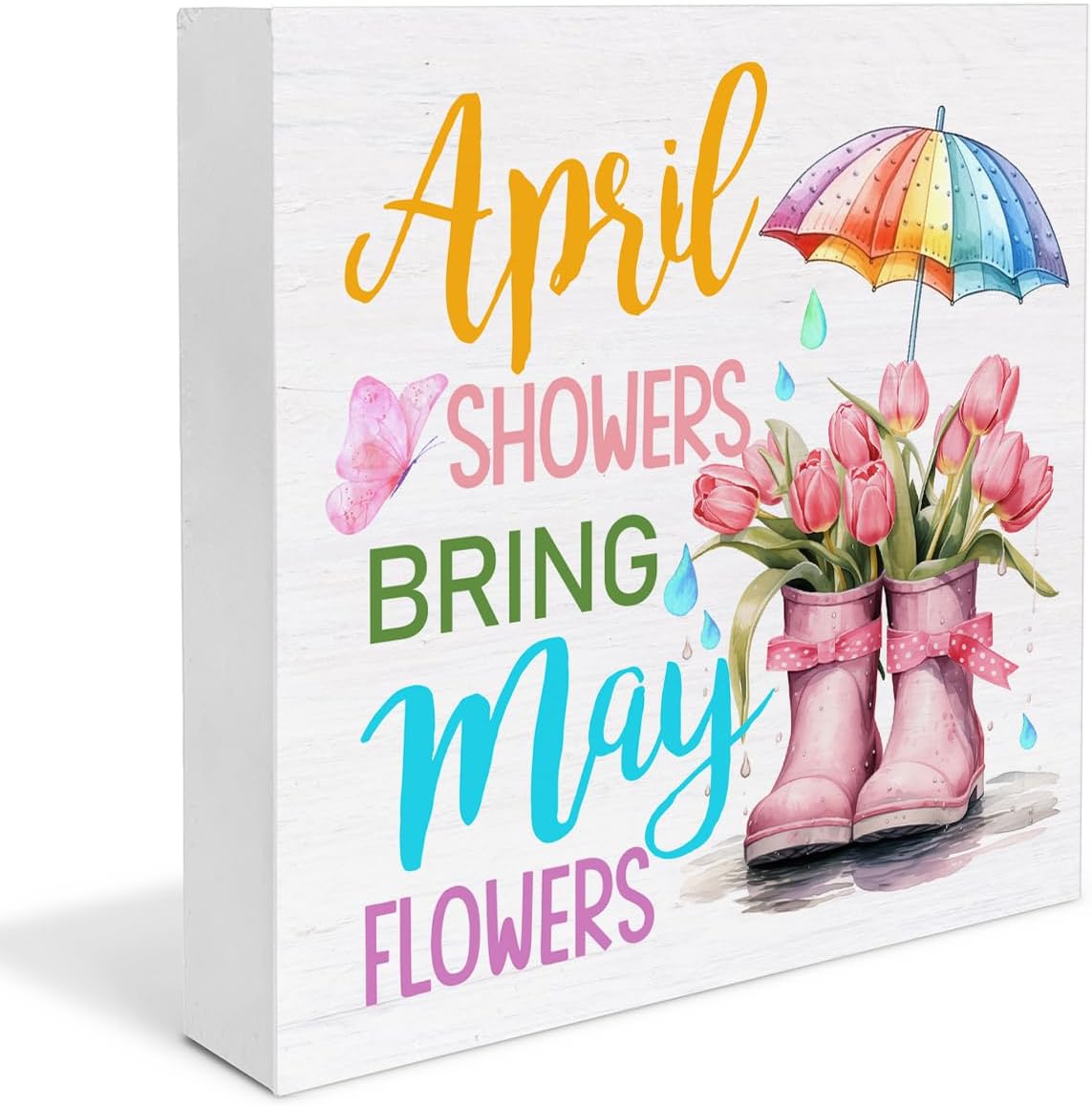 Spring Home Decor Spring Decorations April Showers Bring May Flowers Wooden Sign Decor for Desk Table Shelf Wall 5 x 5 Inches