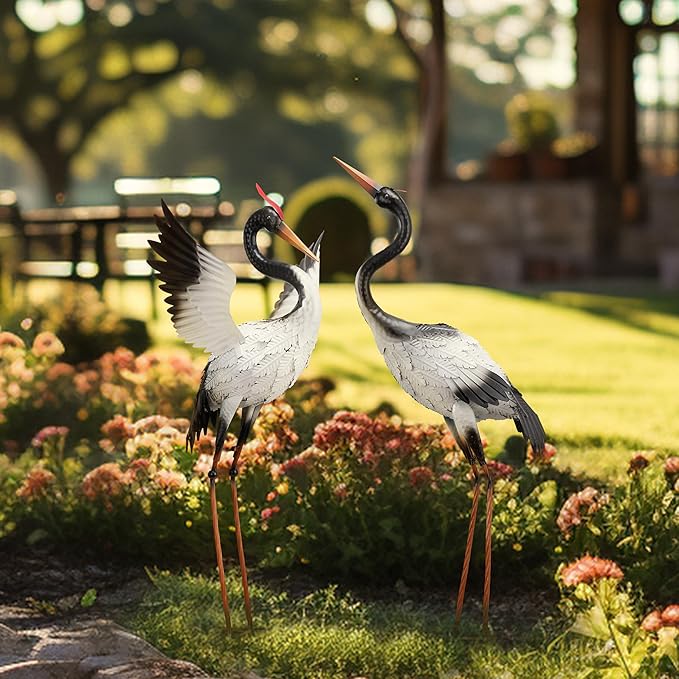 Yard Decorations Outdoor Garden Statues, White Metal Crane Yard Art, 33-39inch Lawn Ornaments for Backyard, Outside Porch, Patio, Wedding Decor,Set of 2,Spring Decor,Gifts for Mom