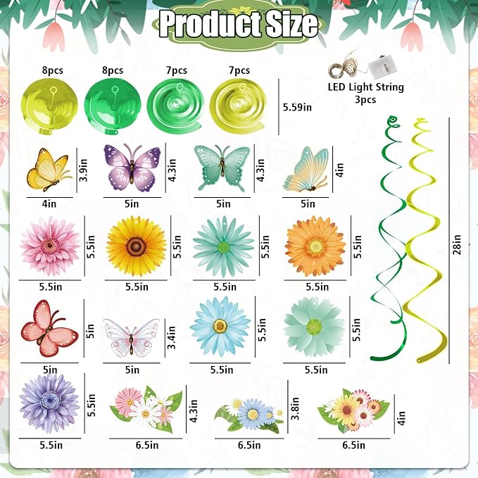 33pcs Spring Hanging Decorations for Home - Flower Butterfly Hanging Swirls with Led Lights for Spring Summer Easter Flower Butterfly Themed Birthday Party Decorations