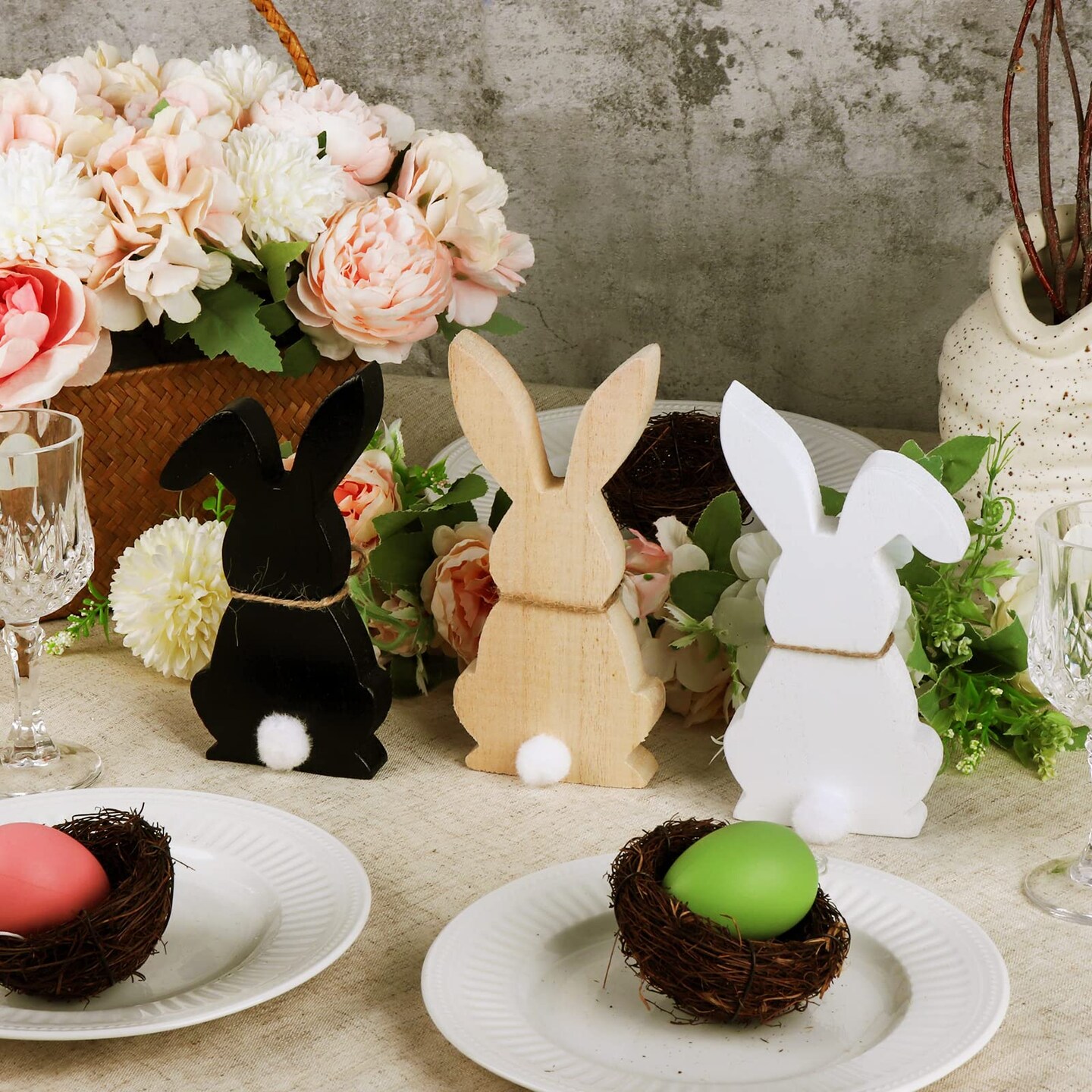 Easter Decorations for The Home, 3 pcs Easter Bunny Wooden Table Centerpiece Signs Easter Decor Rustic Tiered Tray Decor Farmhouse Decor for Easter Gifts, Black, White, Natural Wood Color