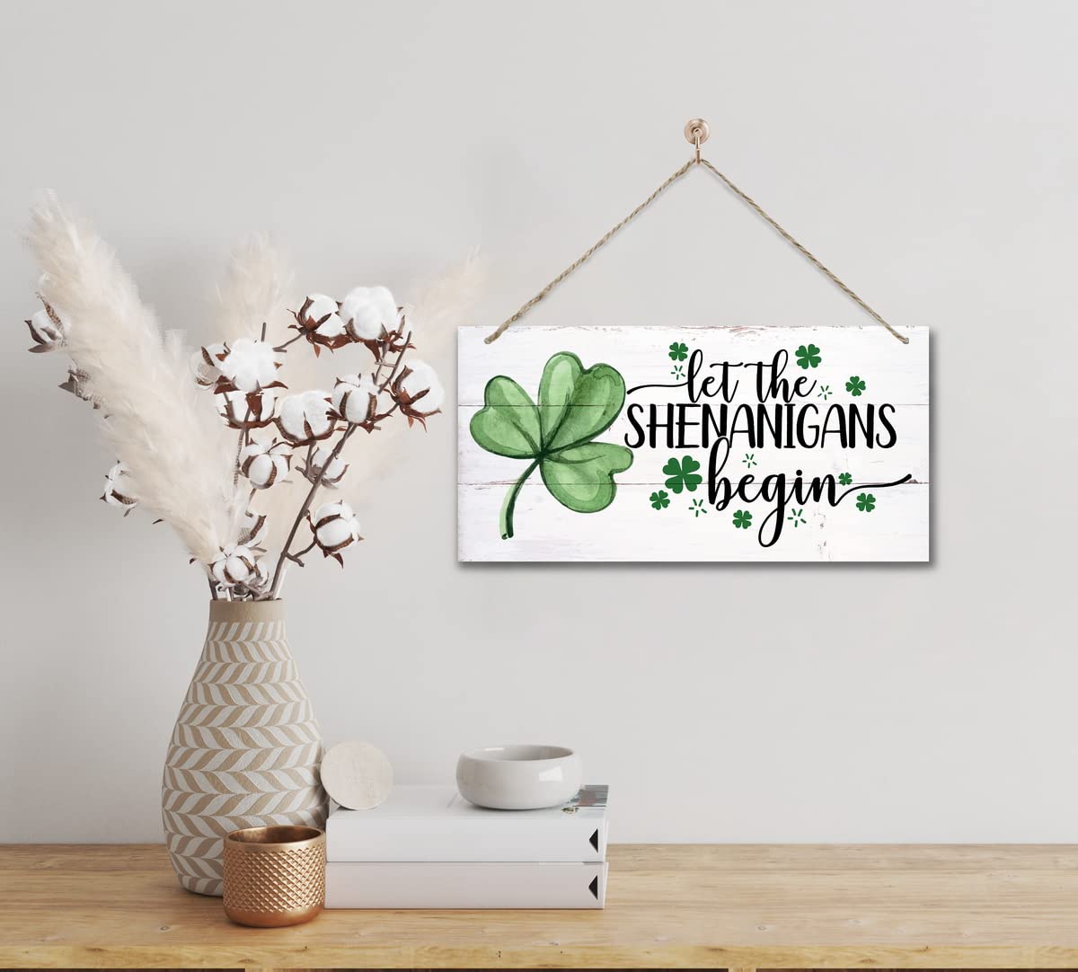 Hanging St. Patricks Day Wood Decor Sign, Let the Shenanigans Begin Printed Wood Wall Art Sign, Home Signs Decor, Hanging Door Wood Sign, Shamrock Sign, St Patricks Day Decor, Rustic Farmhouse Decor