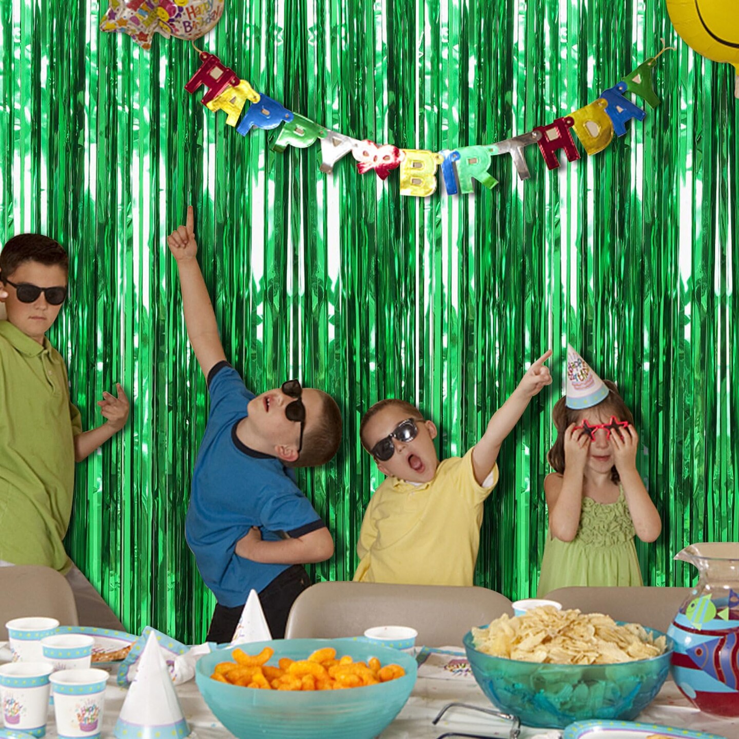 2 Pack Green Streamers Backdrop Jungle Party Decorations Foil Fringe Backdrop Curtains Photo Booth Backdrop for Birthday Dinosaur Animal St Patrick&#x27;s Day Football Christmas Party Decorations