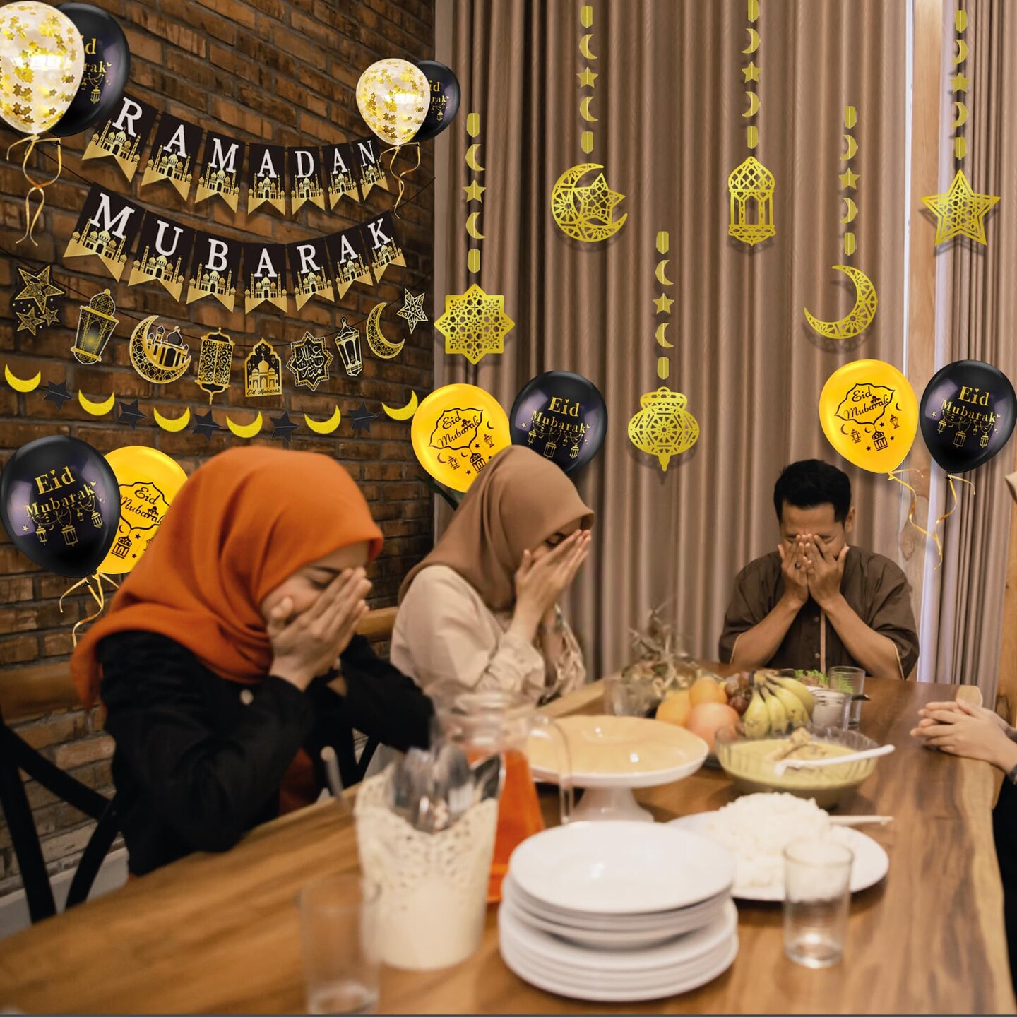 Ramadan Mubarak Decorations, Eid Decorations for Home - Preassembled Ramadan Eid Mubarak Banners, 16 Pcs Eid Balloons, 6 Pcs Islamic Star Moon Lantern Garland Streamer, 10 Pcs Cupcake Toppers