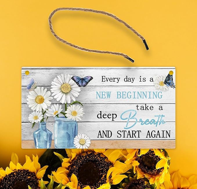 Inspirational Wood Sign(10.2" x 5.2"), Spring Decorations for Home, Hanging Decoration with Motivational Sayings, Colorful Daisy Hanging Sign for Home Decor Office Kitchen Housewarming Gift