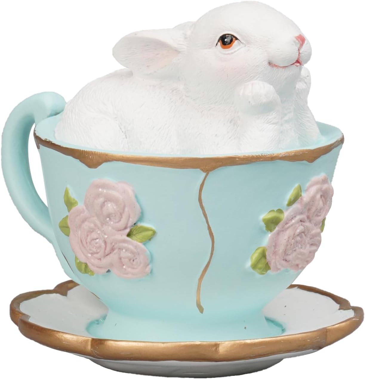 Easter Bunny Figurine – Rabbit Statue in Blue Cup, Spring Table & Farmhouse Home Decor (3.25"x2.75"x3")