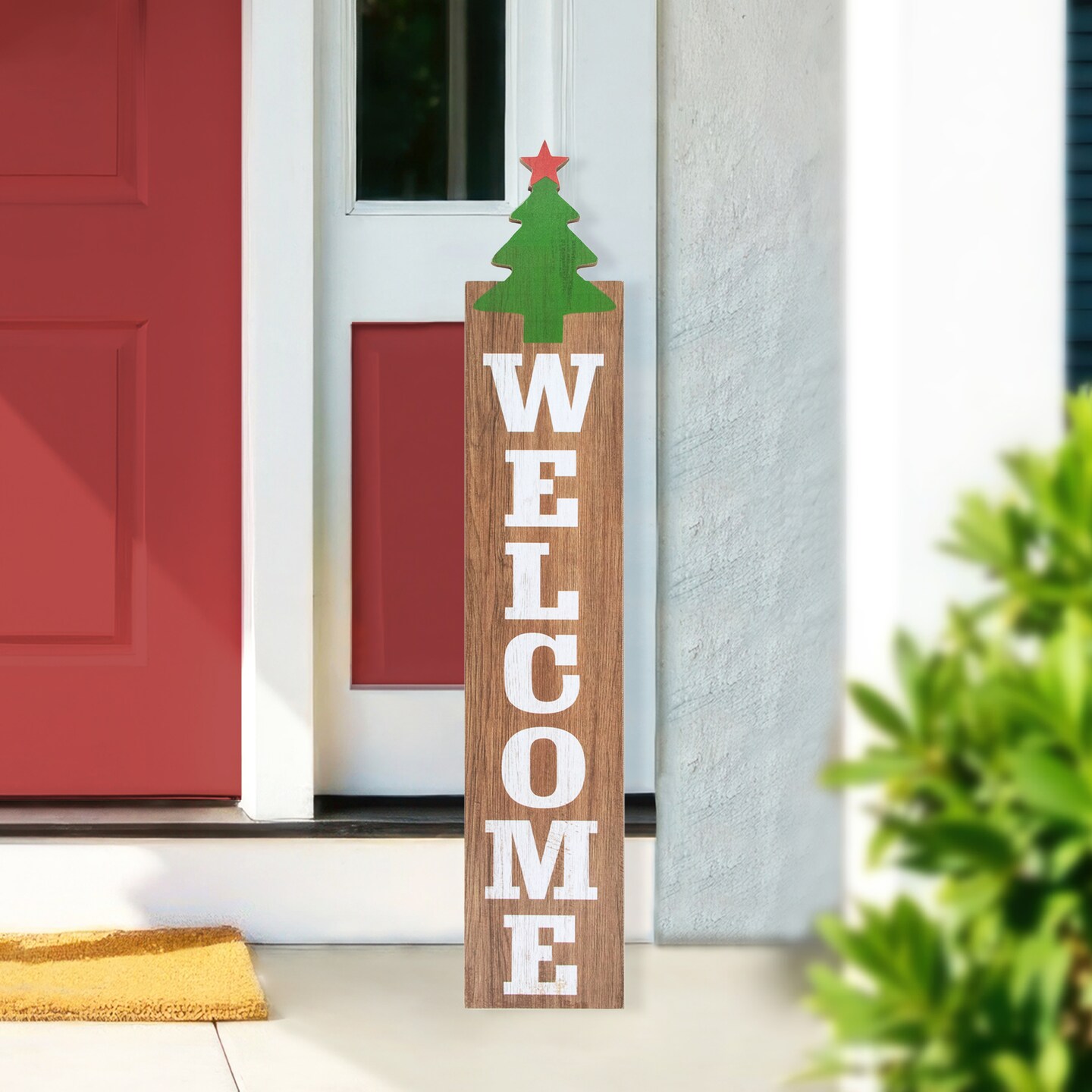 Northlight Christmas Tree and Star Wooden "Welcome" Porch Board Sign Decoration - 31.5" - Green