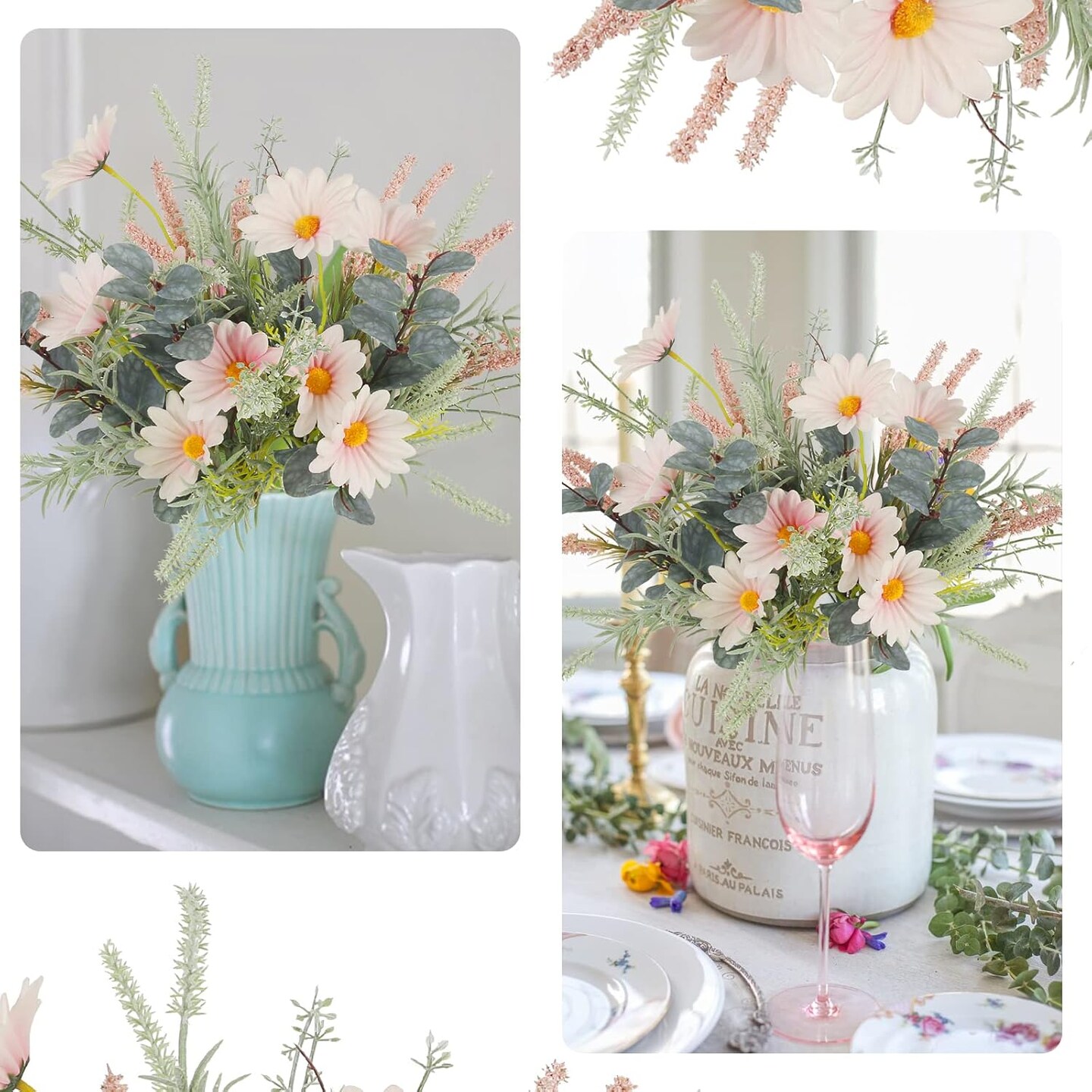 2 Bundles Artificial Daisy Flowers Fake Flowers Bouquet Faux Silk Flower with Eucalyptus Stem for Home Table Centerpieces Party Indoor Decor (Pink)