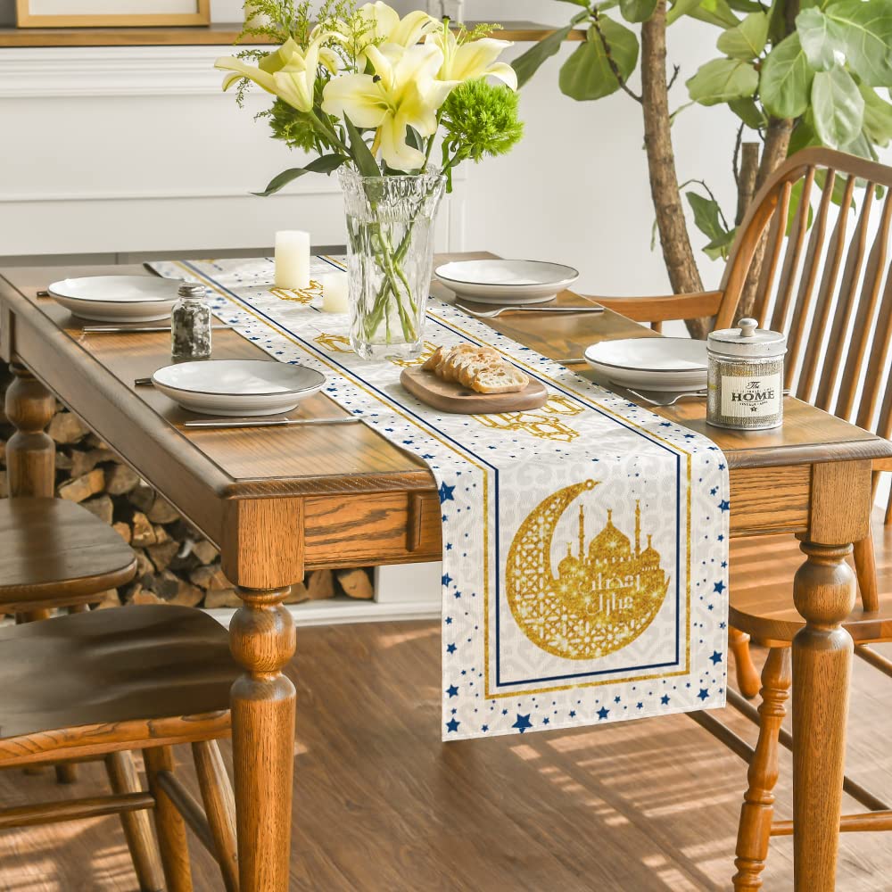 White Moon Star Gloden Ramadan Table Runner, Seasonal Summer Holiday Kitchen Dining Table Decoration for Home Party Decor 13 x 72 Inch