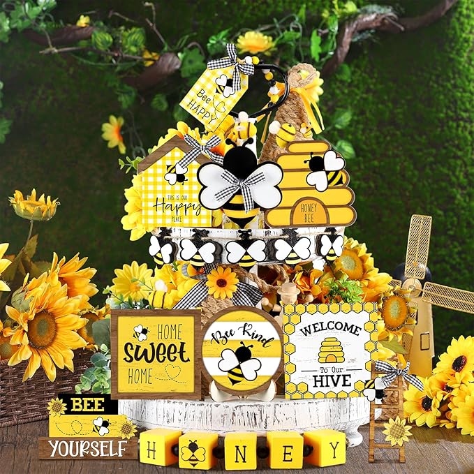15 Pcs Bee Tiered Tray Decor Summer Tiered Tray Decorations Set Honeycomb Decor Honey Bee Wooden Signs Rustic Farmhouse Kitchen Decor for Home Table Shelf Decorations