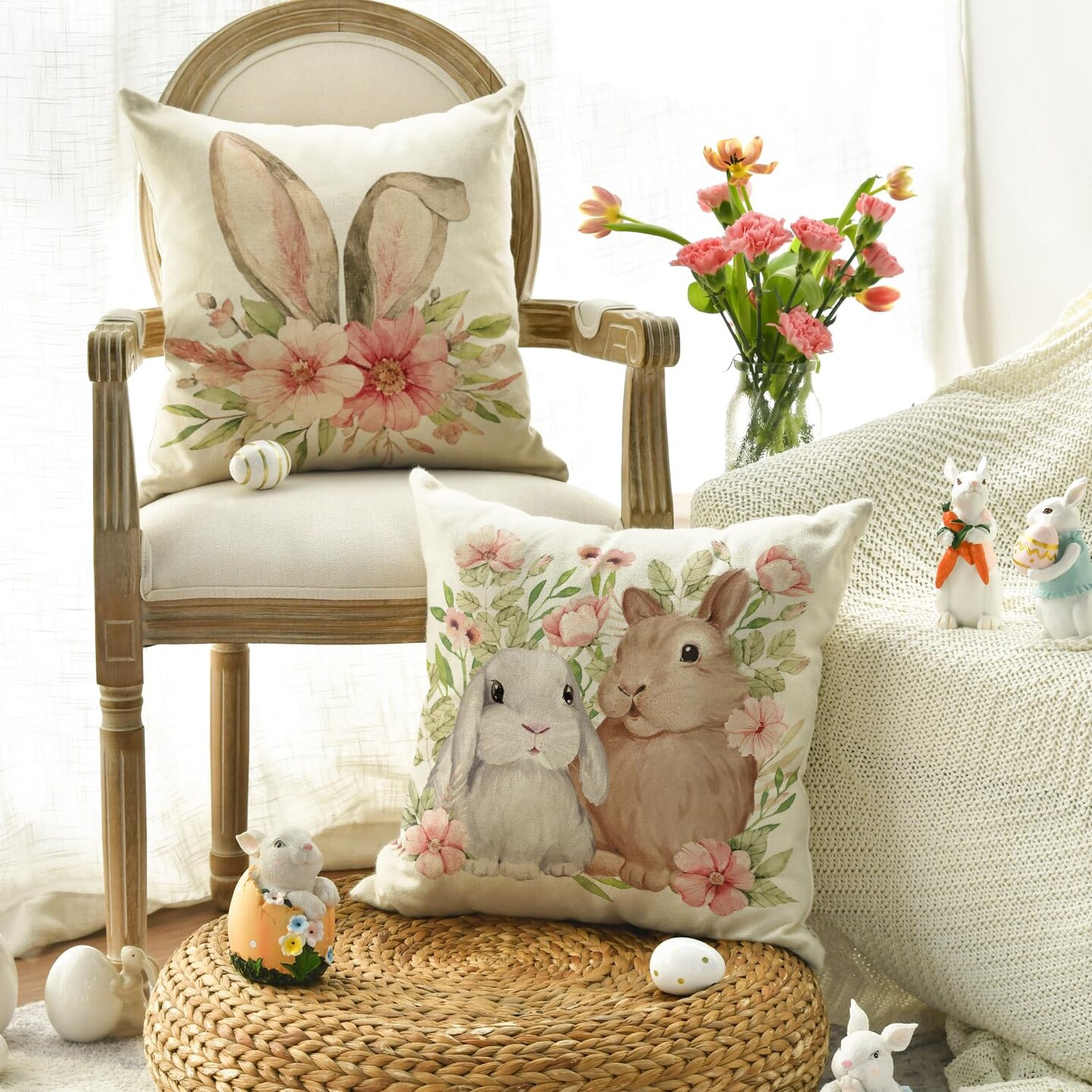 AVOIN colorlife Easter Rabbit Flower Buffalo Plaid Be Hoppy Throw Pillow Cover, 18 x 18 Inch Polka Dot Bird Be Kind Cushion Case Decoration for Sofa Couch Set of 4