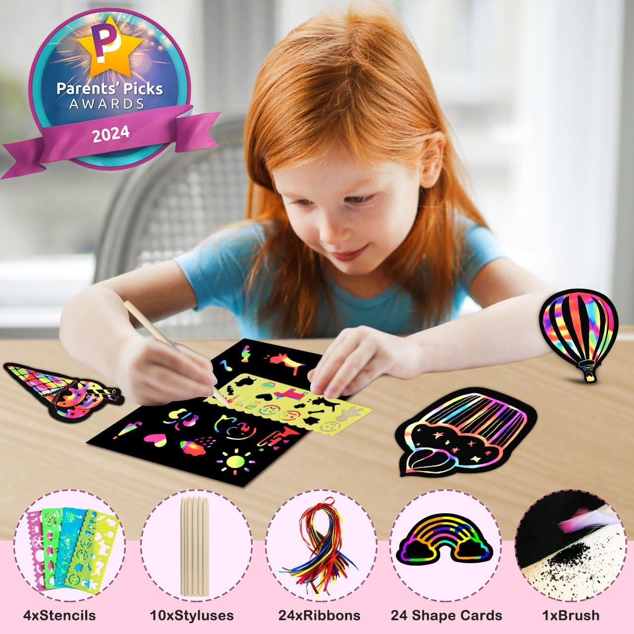 Rainbow Scratch Art Kit for Girls – 30-Piece Magic Drawing Set with Styluses, Ribbons, Stencils & Cute Shapes, Fun DIY Craft Activity for Ages 3–12
