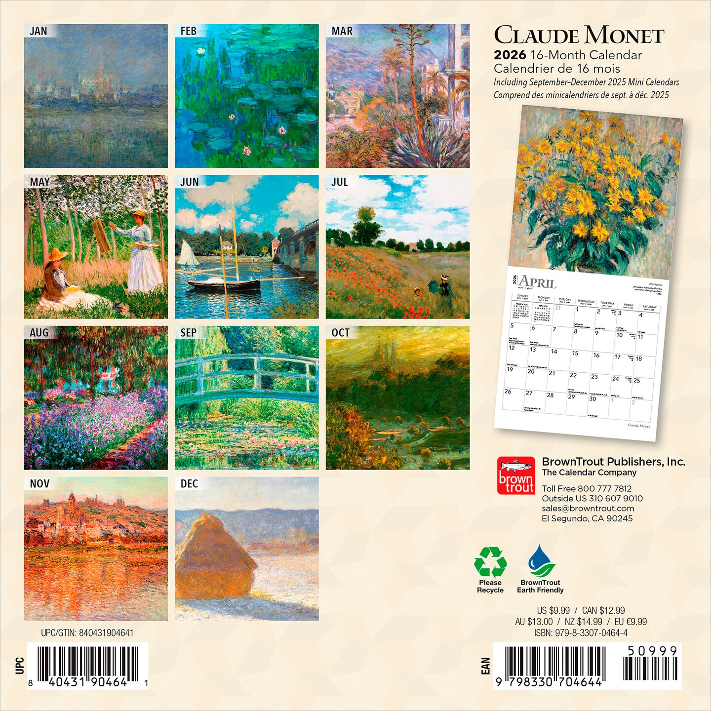 Claude Monet | 2026 7 x 14 Inch (Hanging) Monthly Mini Wall Calendar | English/French Bilingual