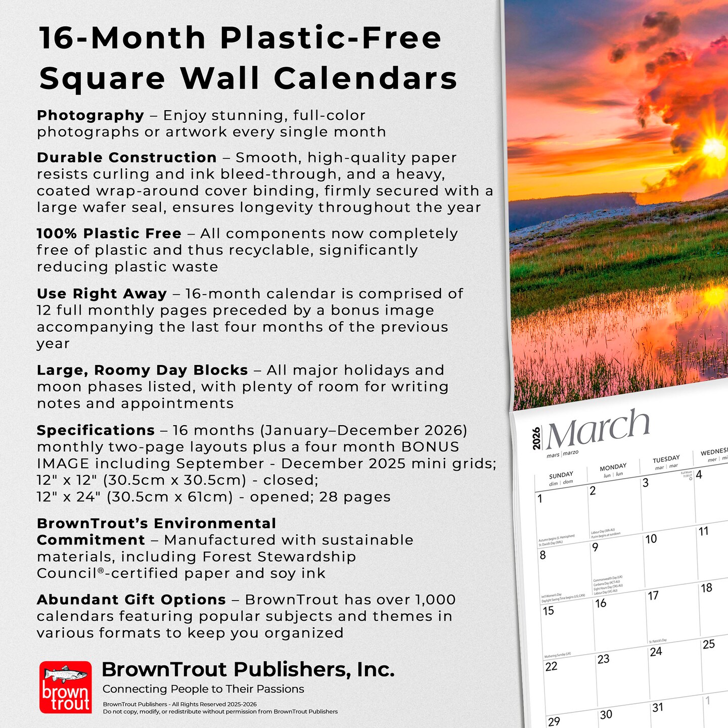 Wyoming National Parks &#x26; Monuments | 2026 12 x 24 Inch (Hanging) Monthly Square Wall Calendar | Plastic-Free