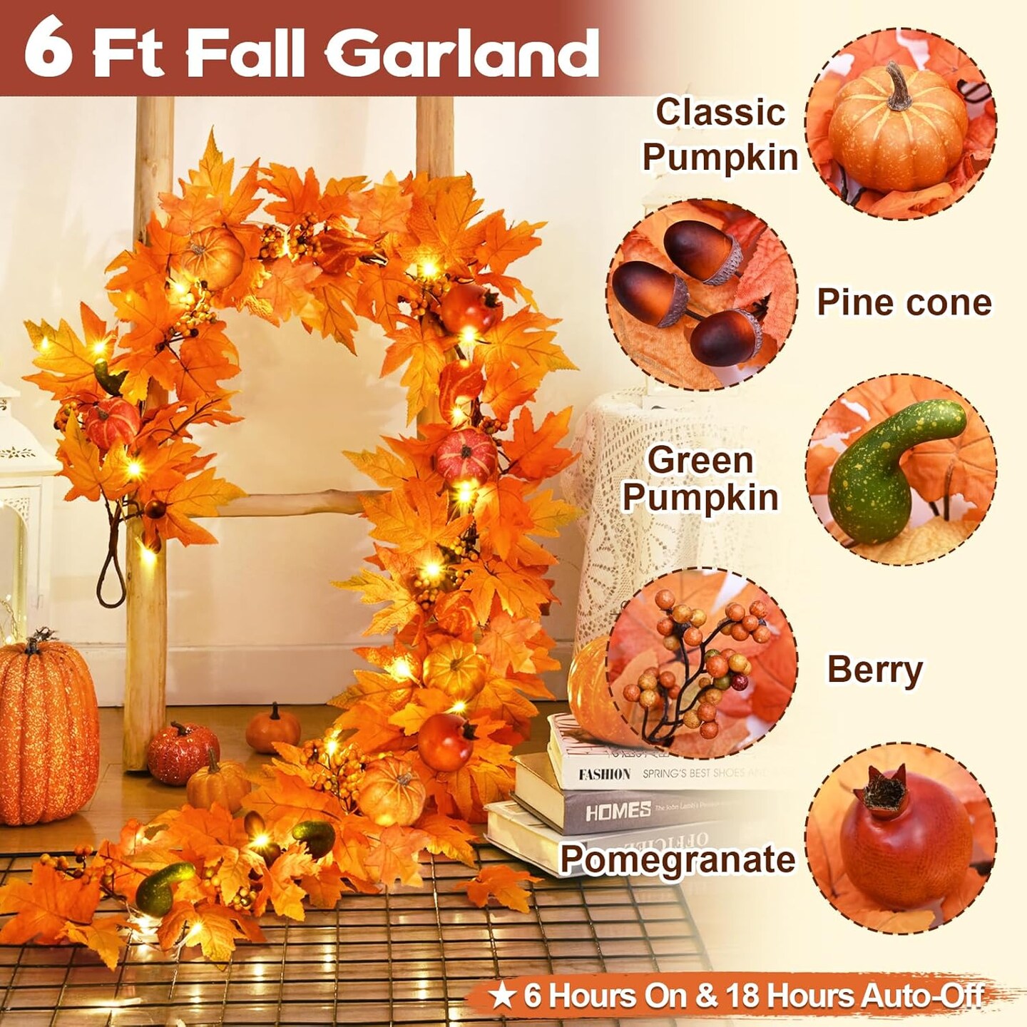 Fall Garland with Lights Autumn Garland with Pomegranate Pumpkin - Orange