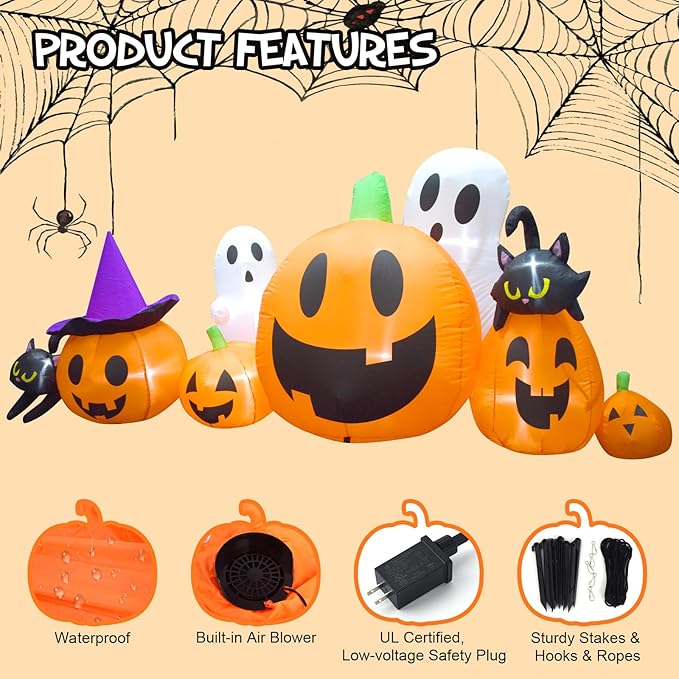 Halloween Inflatables Pumpkin Decorations Outdoor, Blow Up Yard Inflatable Halloween Pumpkin Ghost Black Cat