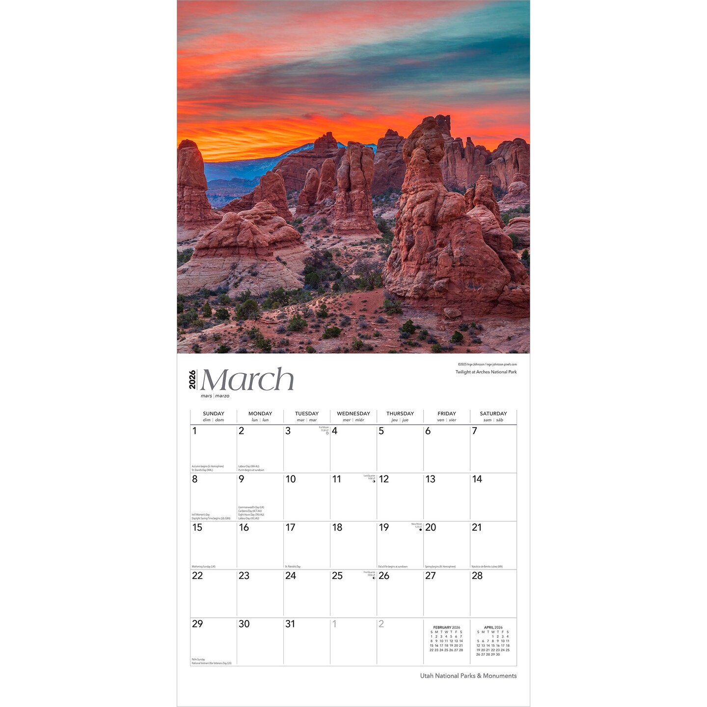 Utah National Parks & Monuments | 2026 12 x 24 Inch (Hanging) Monthly Square Wall Calendar | Plastic-Free