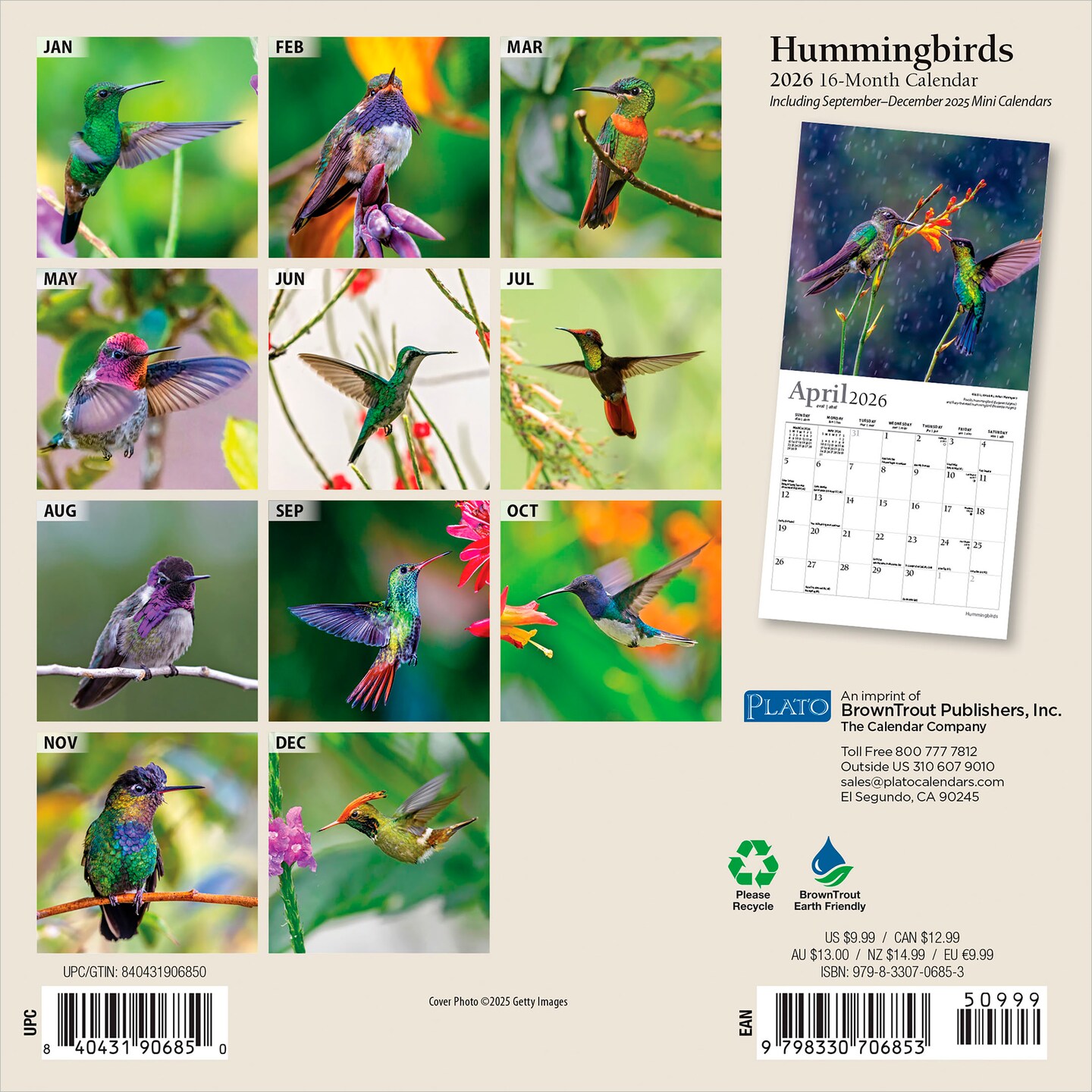 Hummingbirds | 2026 7 x 14 Inch (Hanging) Monthly Mini Wall Calendar | Foil Stamped Cover