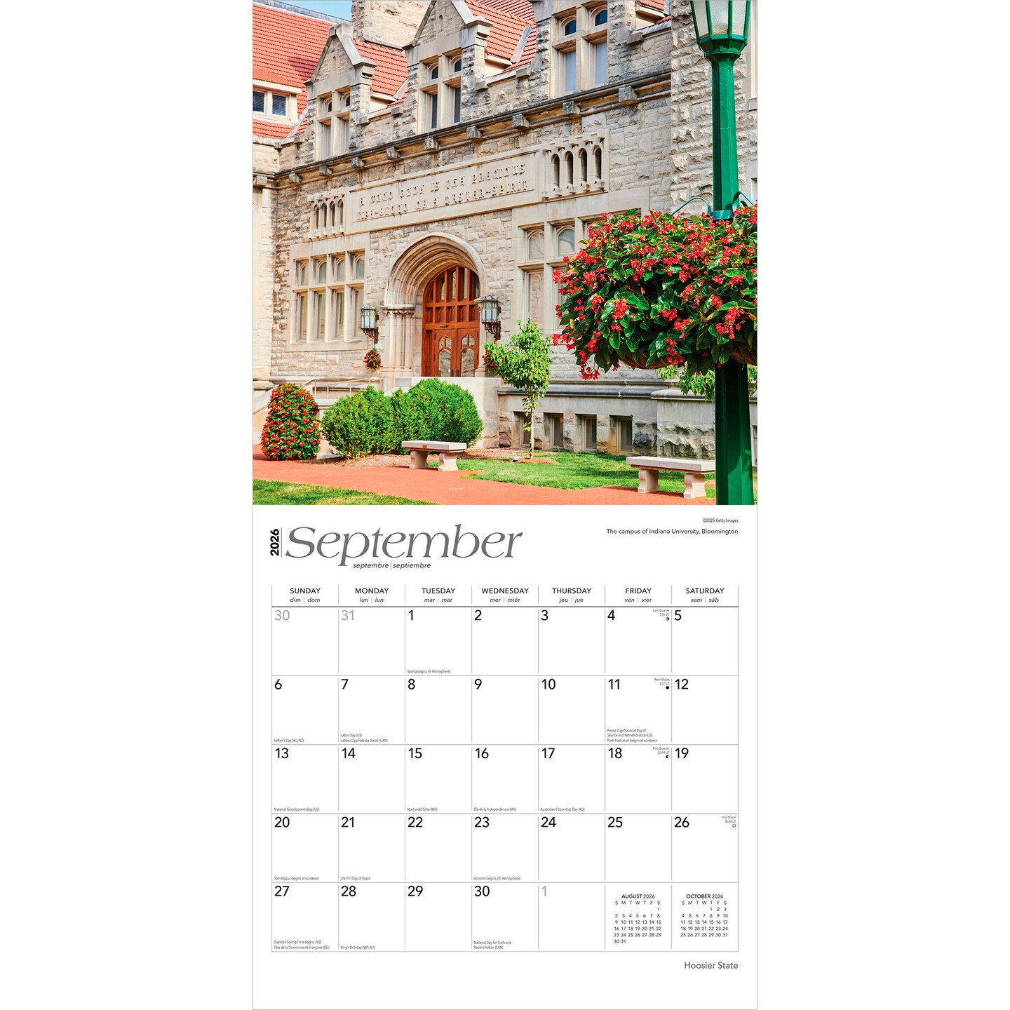 Hoosier State | Indiana Places | 2026 12 x 24 Inch (Hanging) Monthly Square Wall Calendar | Plastic-Free