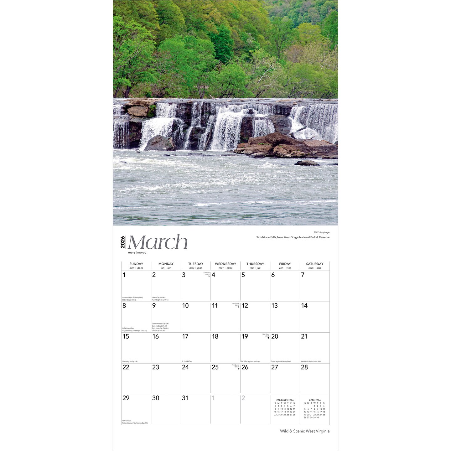 West Virginia Wild &#x26; Scenic | 2026 12 x 24 Inch (Hanging) Monthly Square Wall Calendar | Plastic-Free