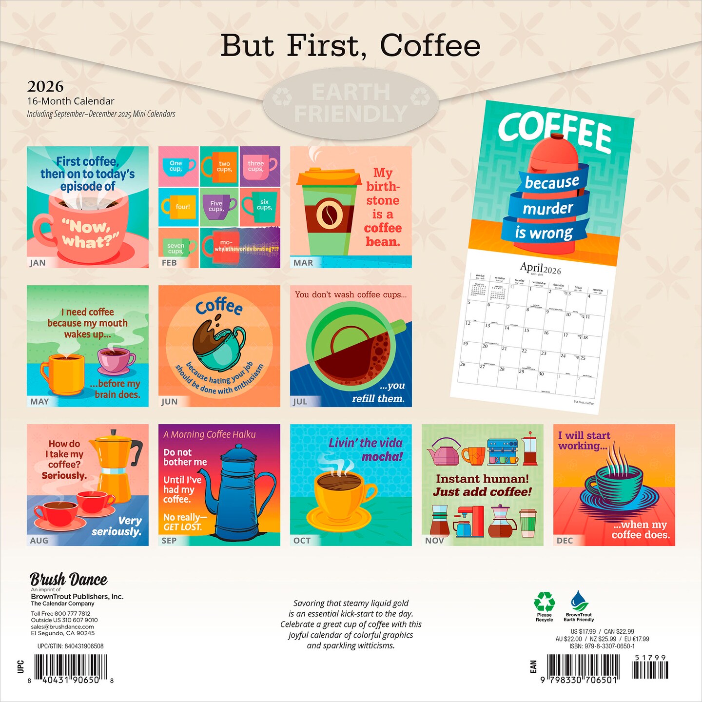 But First Coffee | 2026 12 x 24 Inch (Hanging) Monthly Square Wall Calendar | Plastic-Free