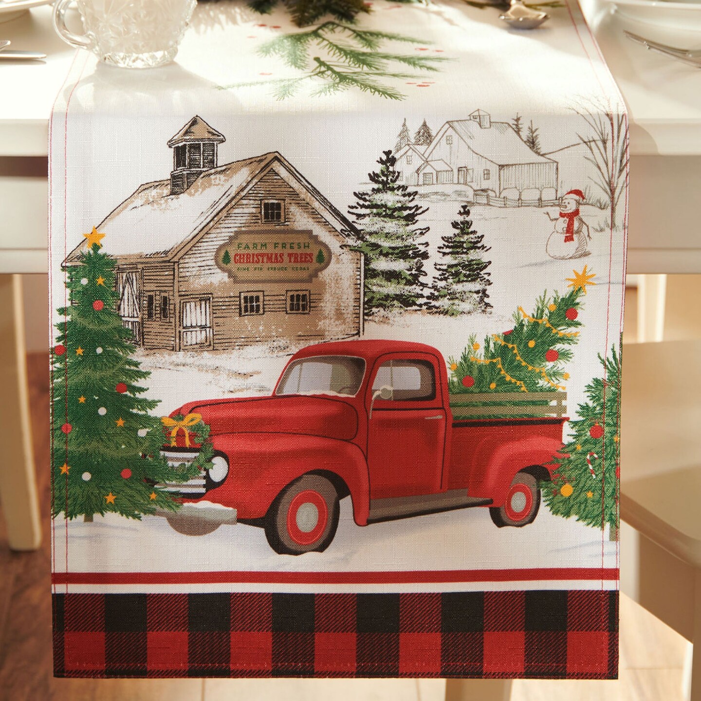 Threadmade Home Vintage Christmas Tree Farm Holiday Table Runner, Multicolor - 13"W x 70"L