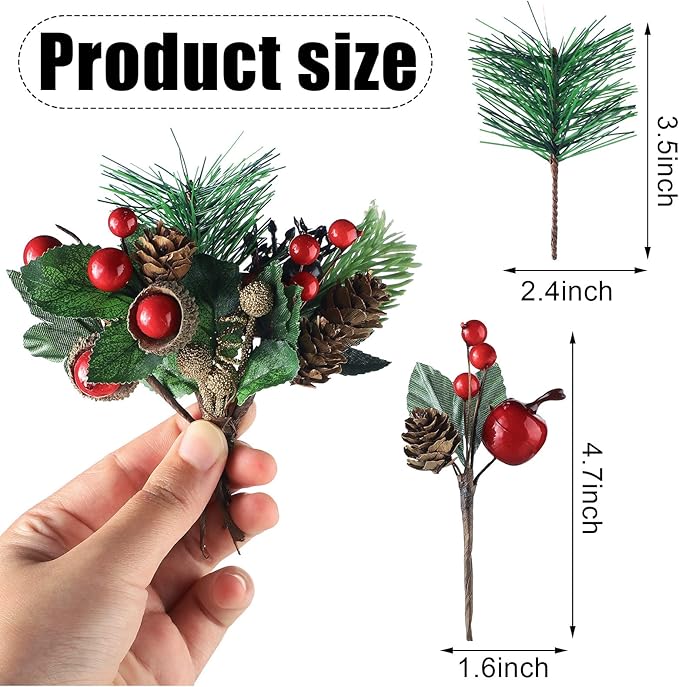 Picks Pine Cones Holly Berries Flower Stem Needles Branches Fake Greenery Floral Picks for Xmas Tree Crafts Party Festive Home Decor