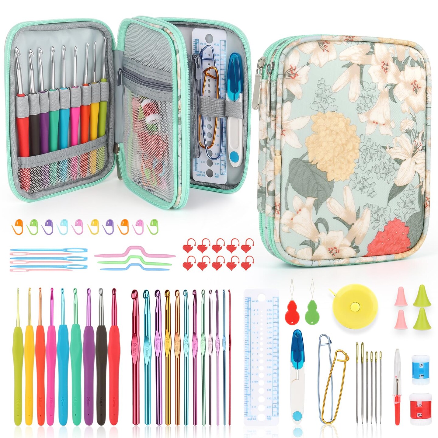 Katech Crochet Hooks Set with Crochet Case, 73 pcs Knitting Accessories Ergonomic Crochet Hook for Making Bag, Glovers, Sock, Colorful Soft Handle Knitting Needles Kits DIY Hand Tool