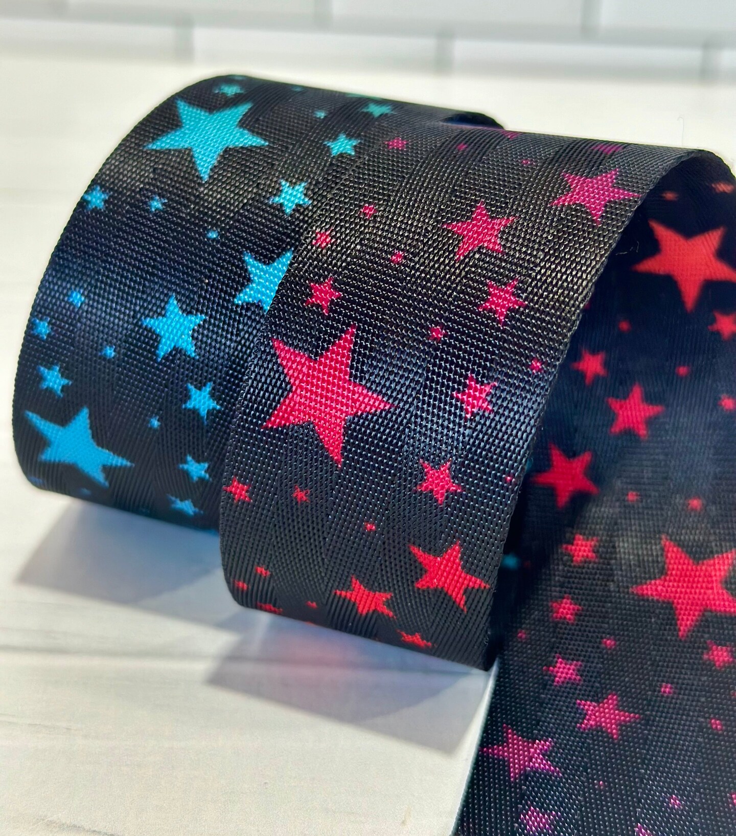 Rainbow Stars on Black 1.5&#x201D; Seatbelt Webbing