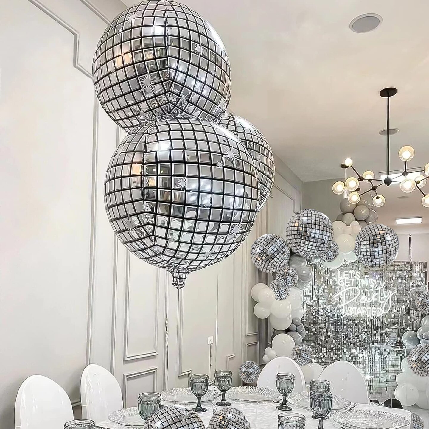 20Pcs Disco Ball Balloons Different Sizes- 4D Large Disco Balloons 32&#x201D; 22&#x201D; 10 Inch Assorted Round Metallic Silver Disco Mylar Balloons for 70s 80s Disco Themed Birthday New Year&#x27;s Party Decor Supplies
