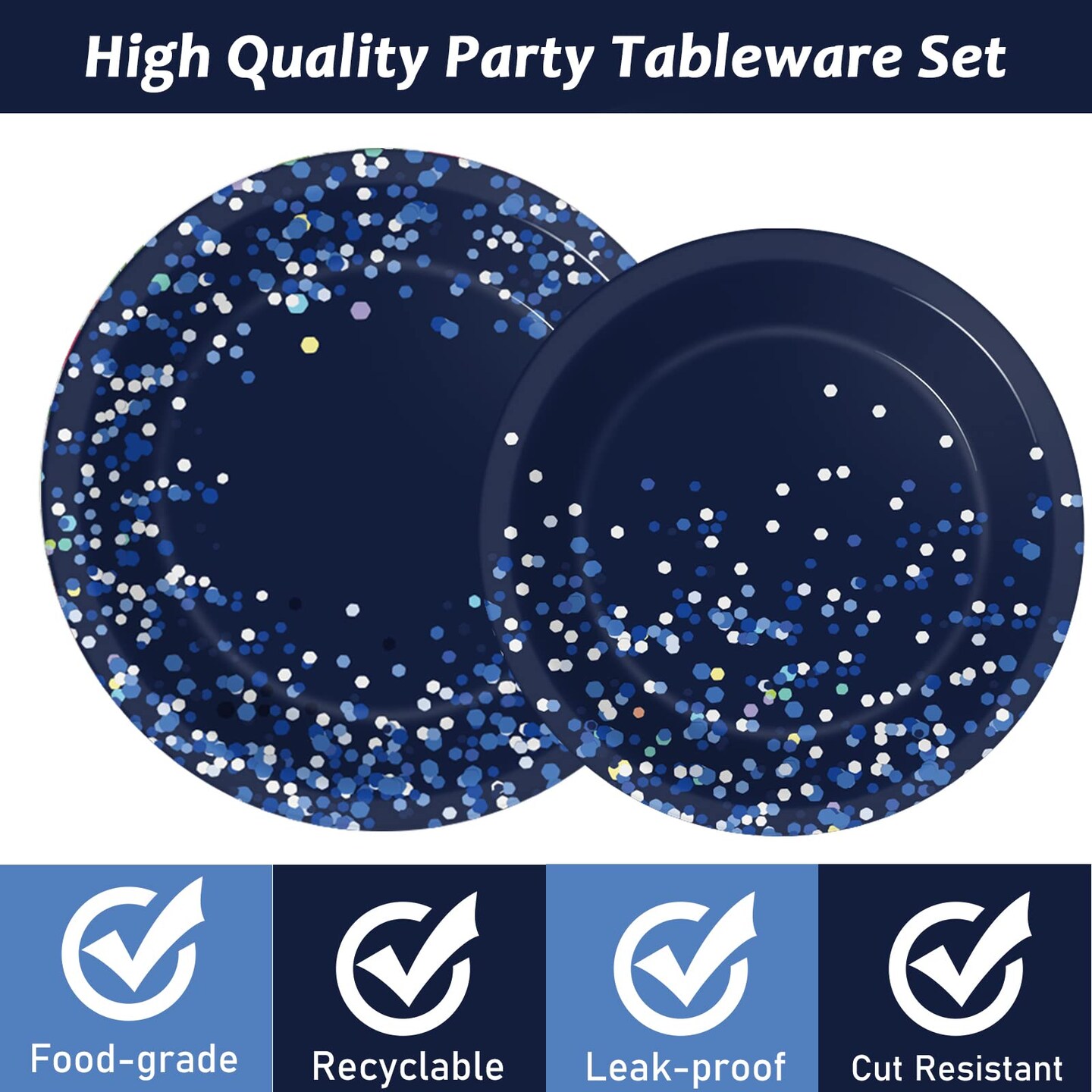 96 Pcs Blue and Silver Party Supplies Dot Confetti Paper Plates Sparkly Glitter Theme Party Decoration Confetti Party Tableware Set Bridal Shower Birthday Party Paper Plate Napkin Fork 24 Guests