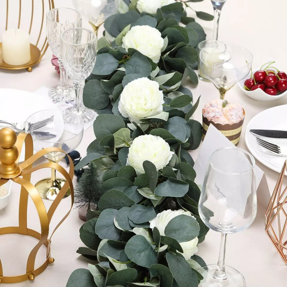 4 ft Frosted Green Artificial Eucalyptus Foliage Garlands Ranunculus Flowers