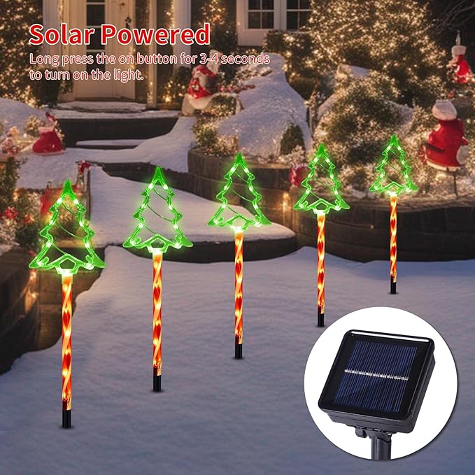 Solar Christmas Pathway Lights Outdoor Decorations, 8 Modes Xmas Tree Candy Lights Waterproof Led Garden Stake Lights for Walkway Yard Lawn Porch Holiday Decor 5-Pack (Red Green Xmas Tree Lights)