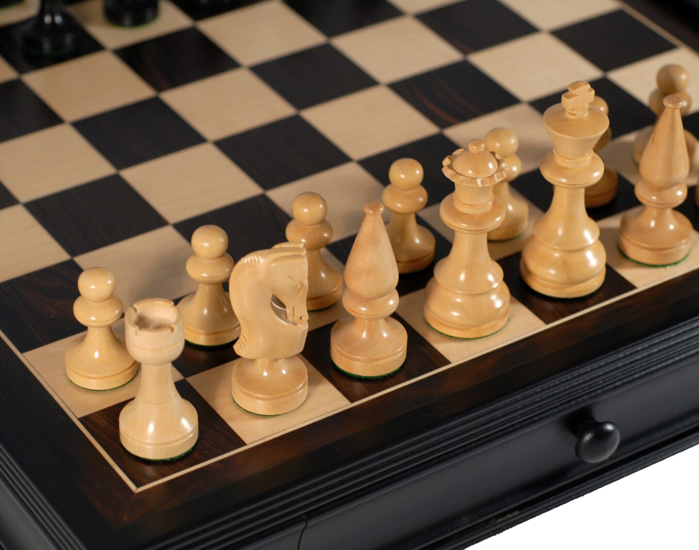 WE Games Russian Style Chess &#x26; Checkers Game Set - Weighted Chessmen &#x26; Black Stained Wood Board with Storage Drawers 15 in.