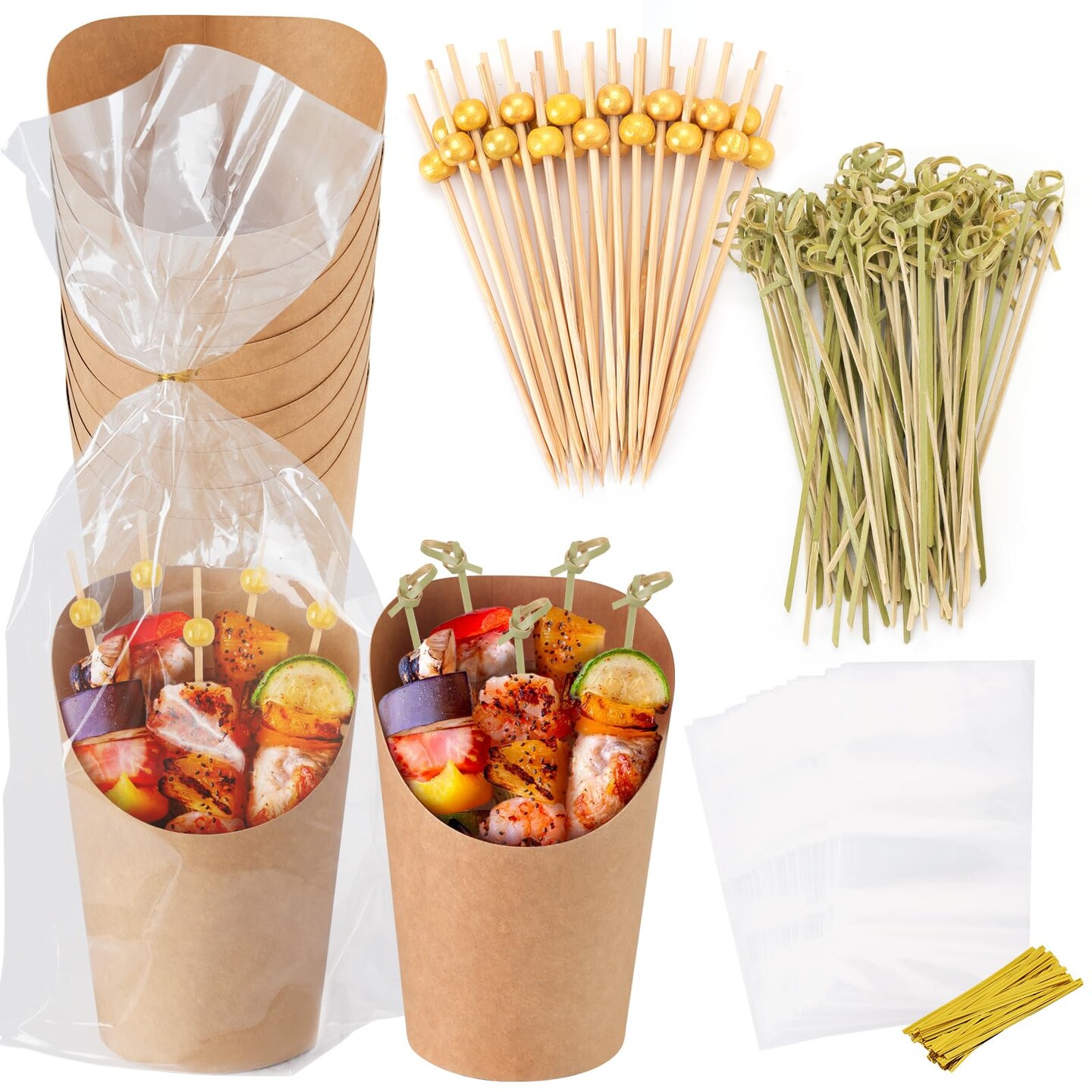 EWVVSS 60pcs Individual Disposable Charcuterie Cups with Sticks,60 Portable Bags,200pcs Cocktail Skewers,14oz Brown Paper Appetizer Cups for French Fry, Party Supplies