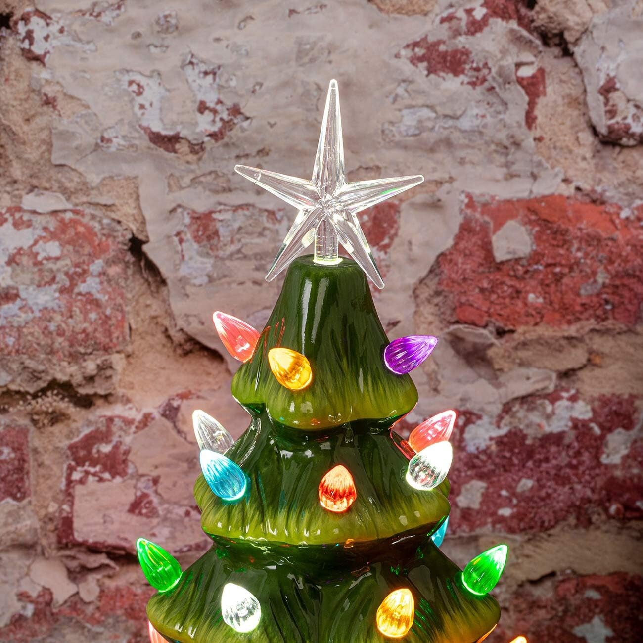 11&#x22; Ceramic Christmas Tree Tabletop Christmas Tree Lights with 28 Multicolored Lights and 1 Star Toppers for Table Top Desk Classic Series Christmas Decoration (Green) (Green)