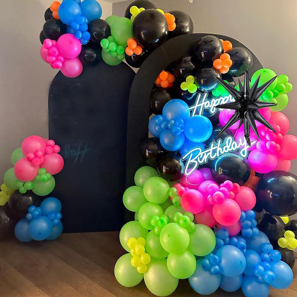 165Pcs Rainbow Balloon Arch Garland Kit with UV Neon Luminous Fluorescent Balloons for Glow in the Dark Party Let&#x27;s Glow Birthday Wedding Back to 80s 90s Disco Party Decor